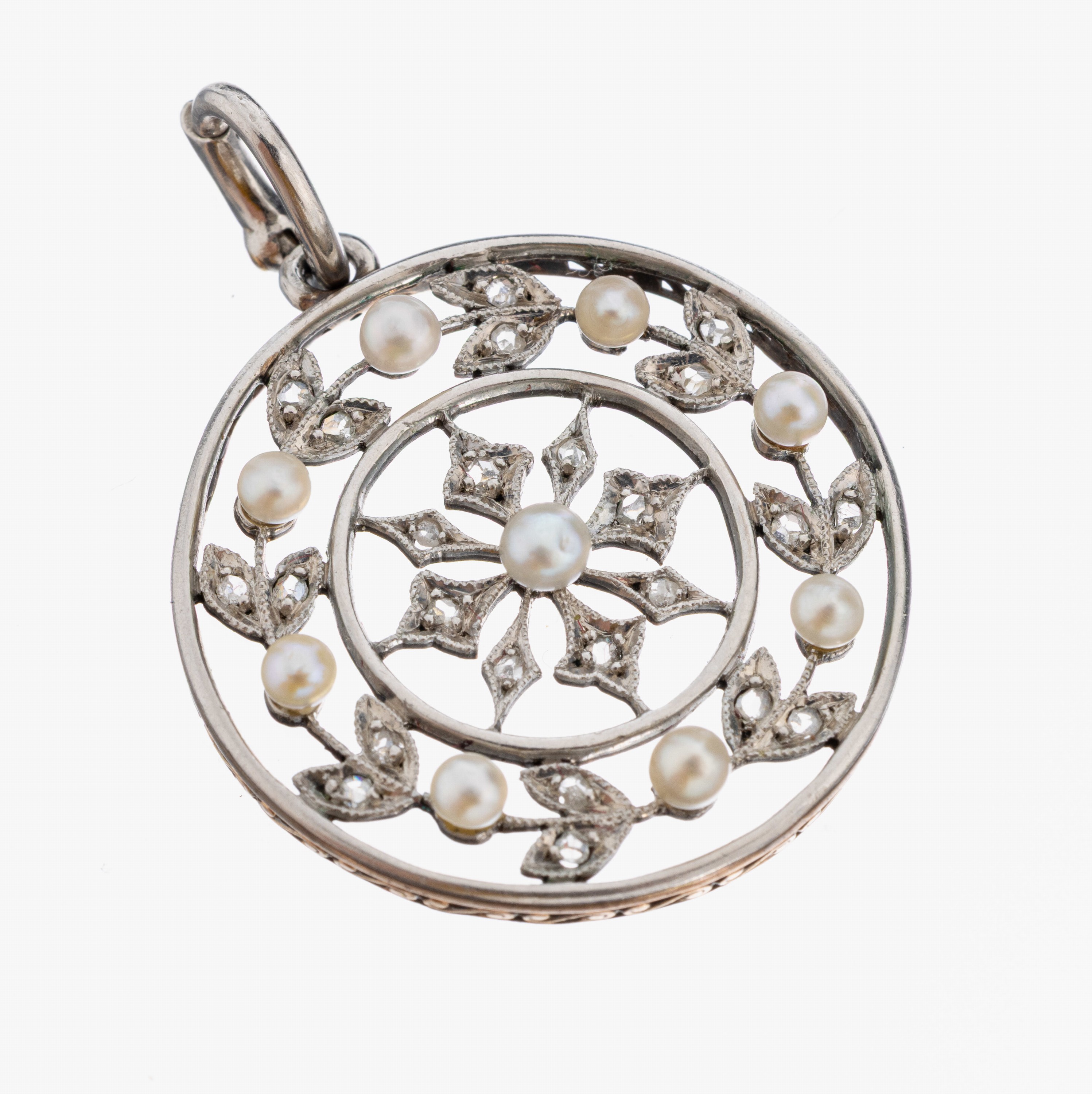 Image 27021596 - 18 kt Gold Diamant-Perl-Anhänger, um 1900, GG 750/000 und Platin, Diamantrosen zus. ...