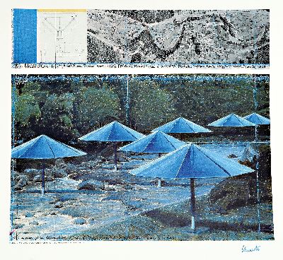 Image Christo and Jeanne-Claude, color offset lithograph, signed, title: blue umbrella 1991,ed. ...