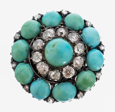 Image 14 kt Gold Türkis-Diamant-Brosche, um 1870-80, RG 585/000 und Silber, in Form einer ...