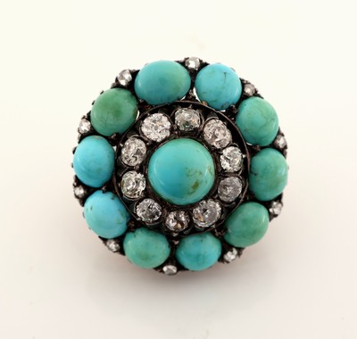 27021593a - 14 kt Gold Türkis-Diamant-Brosche, um 1870-80, RG 585/000 und Silber, in Form einer ...