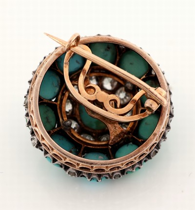 27021593b - 14 kt Gold Türkis-Diamant-Brosche, um 1870-80, RG 585/000 und Silber, in Form einer ...