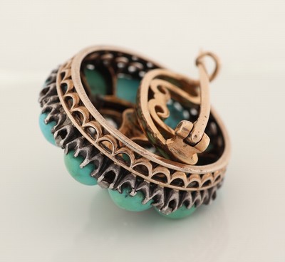 27021593c - 14 kt Gold Türkis-Diamant-Brosche, um 1870-80, RG 585/000 und Silber, in Form einer ...