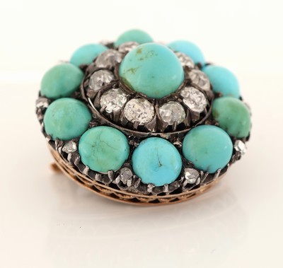 27021593d - 14 kt Gold Türkis-Diamant-Brosche, um 1870-80, RG 585/000 und Silber, in Form einer ...