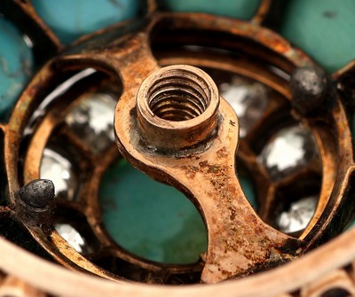 27021593f - 14 kt Gold Türkis-Diamant-Brosche, um 1870-80, RG 585/000 und Silber, in Form einer ...