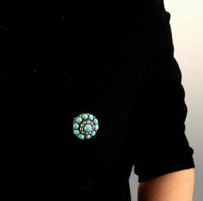 27021593g - 14 kt Gold Türkis-Diamant-Brosche, um 1870-80, RG 585/000 und Silber, in Form einer ...