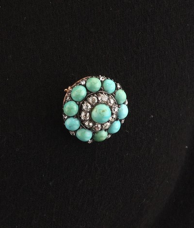 27021593h - 14 kt Gold Türkis-Diamant-Brosche, um 1870-80, RG 585/000 und Silber, in Form einer ...