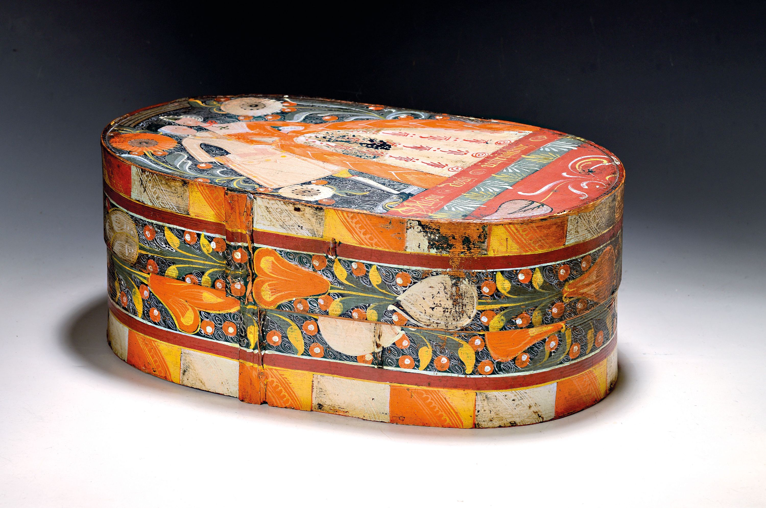 Image 27021600 - Barocke Hut- bzw. Spanschachtel, Hessen, 18.Jh., umlaufend handbemalter Floraldekor, ...