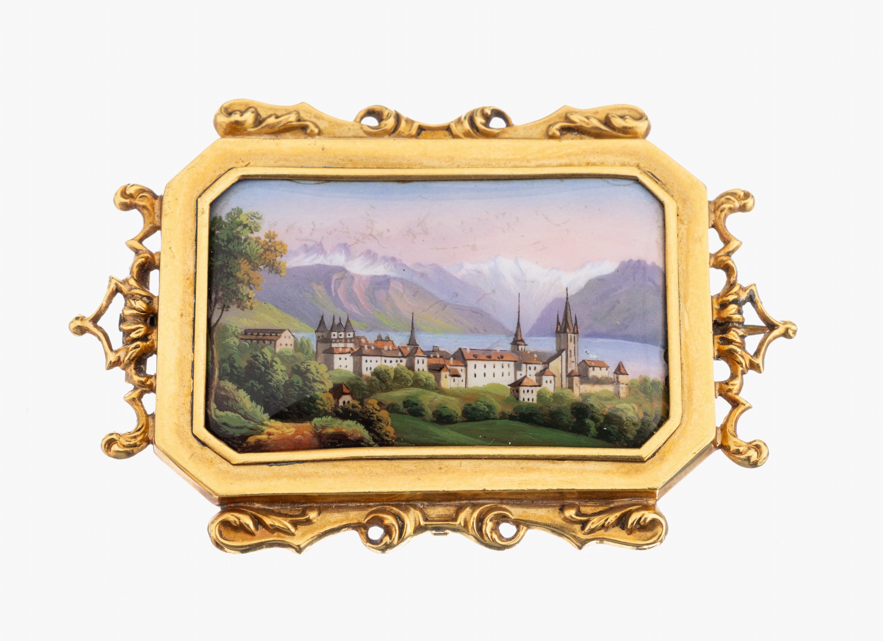 18 kt Gold Brosche mit Emailmalerei, Schweiz um 1820-30, GG 750/000, schlichte Rahmung, rs. Lötstelle, feine Malerei, Darstellung der Stadt Luzern ...