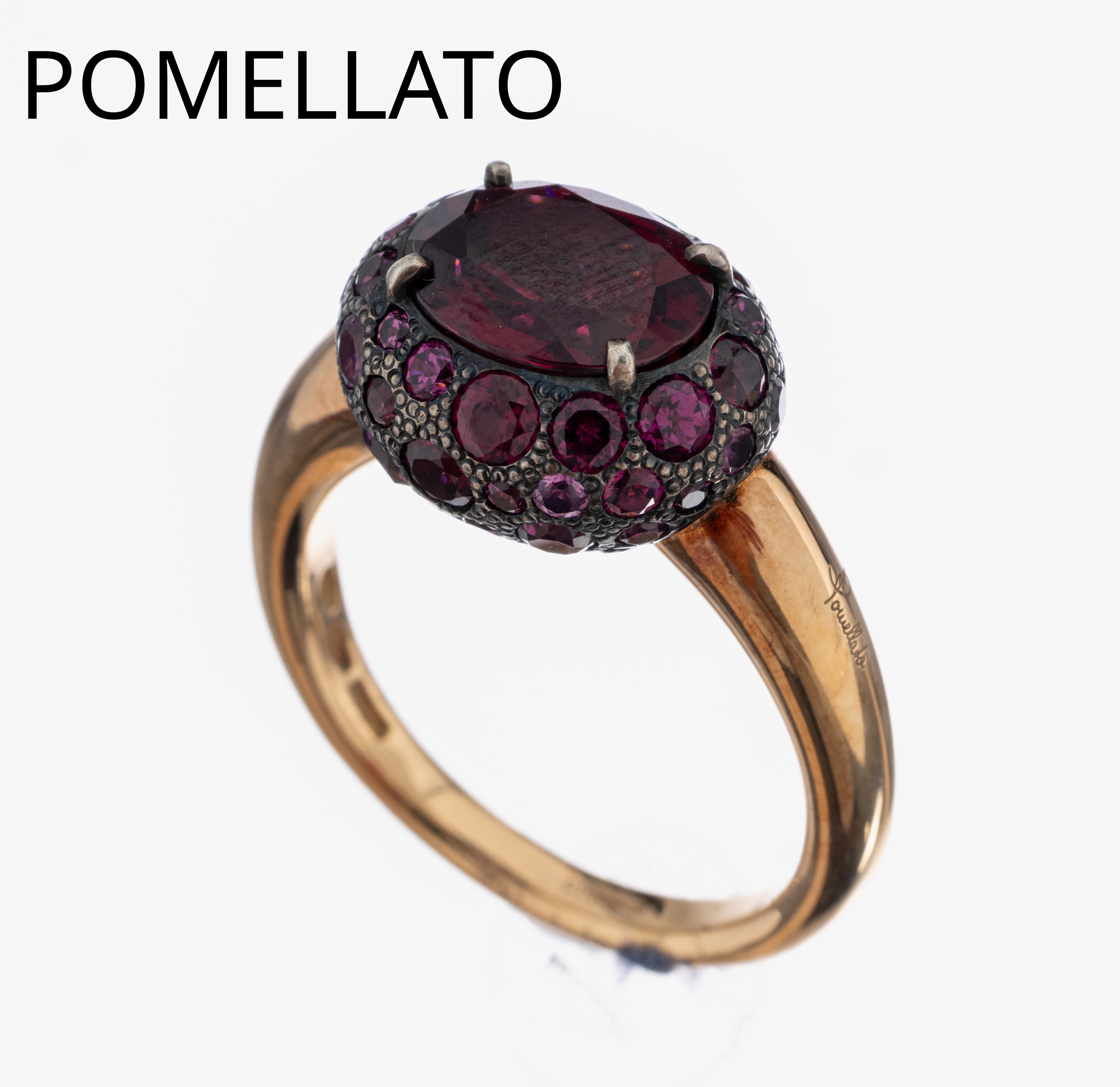 18 kt Gold POMELLATO Farbstein-Ring, Modell "Tabou", RoseG 750/000, Ringkopf 925er Silber, ovalfacett. Granat, rundfacett. pinkfarb. ...