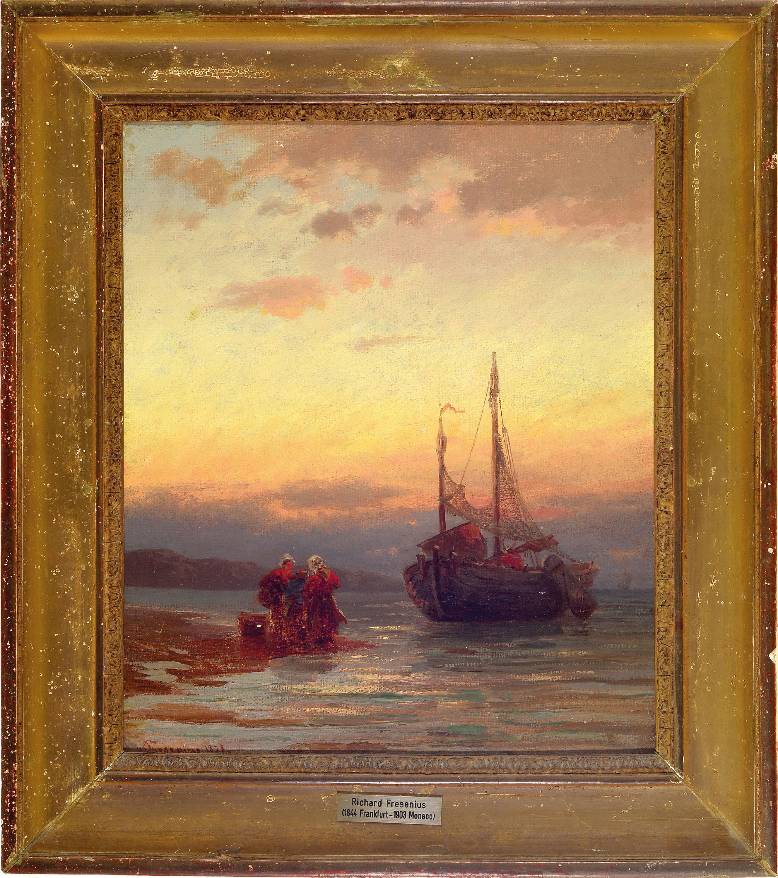 Detail k: Richard Fresenius, 1844 Frankfurt a.M.-1903 Monaco, Küstenlandschaft bei Sonnenuntergang, Fischerinnen beim Entladen eines angelandeten Fischbootes, ...