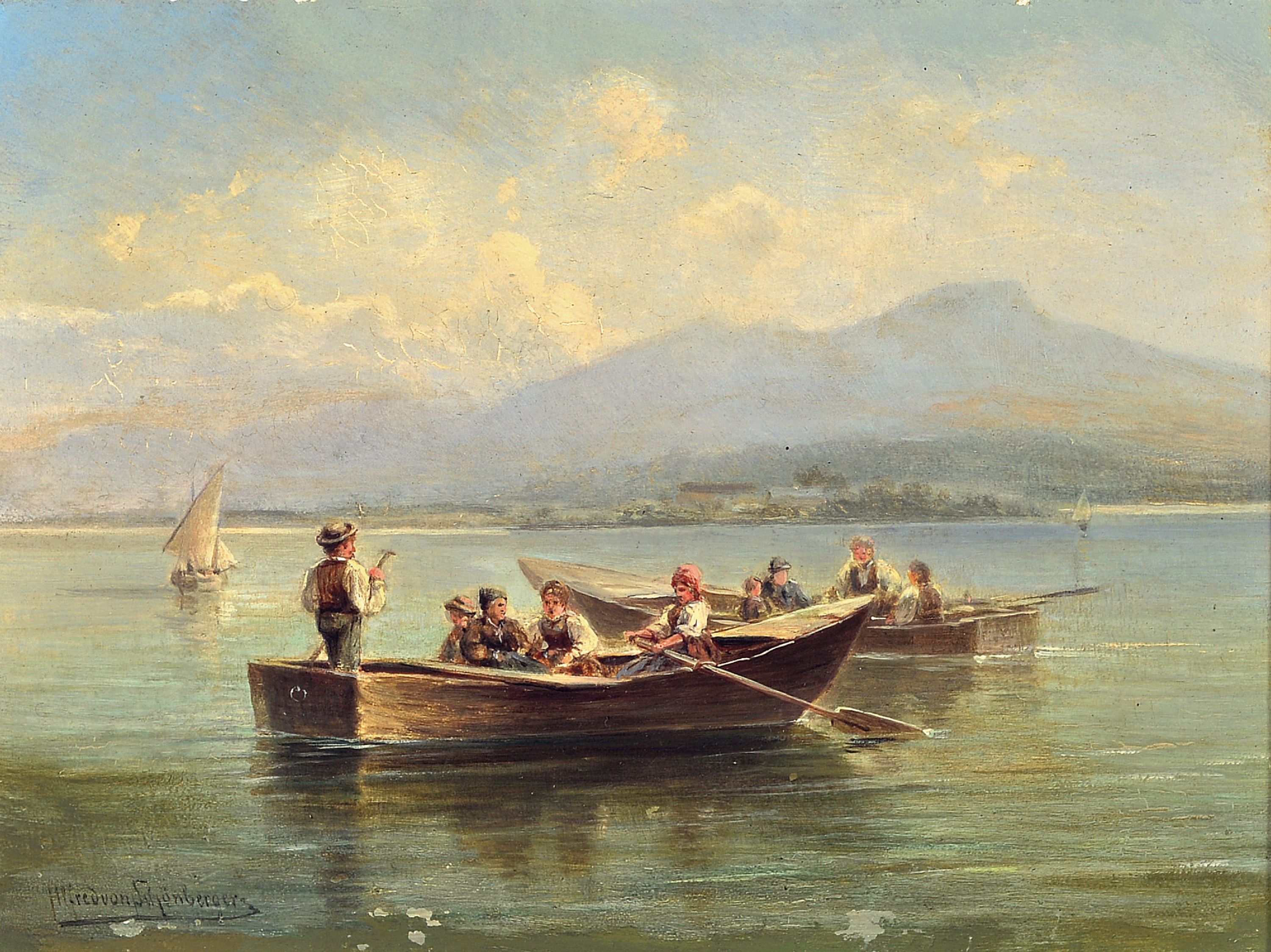 Alfred Karl Julius von Schönberger, 1845 Graz -um 1911, Alpsee mit Ausflüglern in zwei Ruderbooten, links unten signiert, Öl/Holzplatte, 18x23 cm, ...