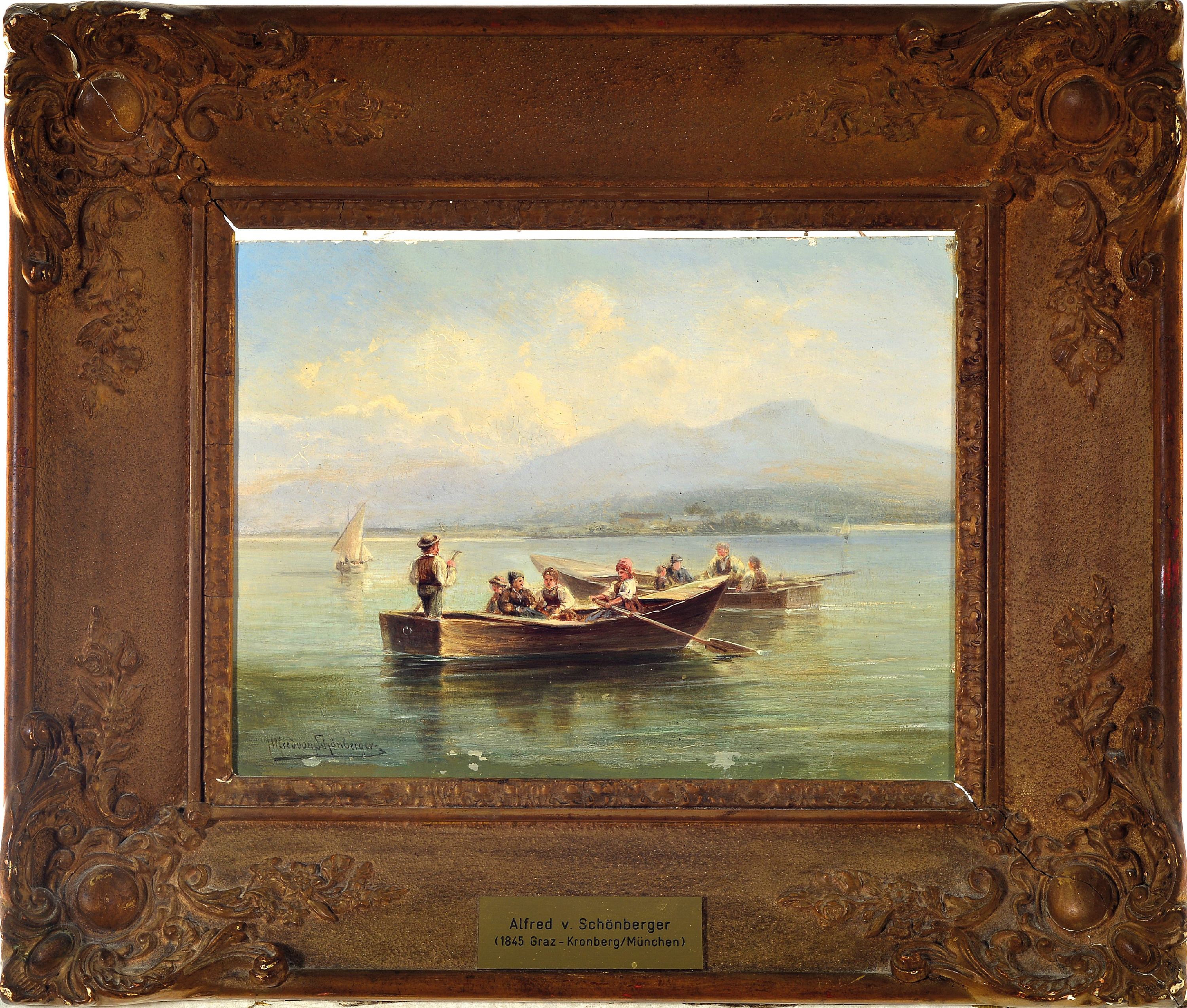 Detail k: Alfred Karl Julius von Schönberger, 1845 Graz -um 1911, Alpsee mit Ausflüglern in zwei Ruderbooten, links unten signiert, Öl/Holzplatte, 18x23 cm, ...