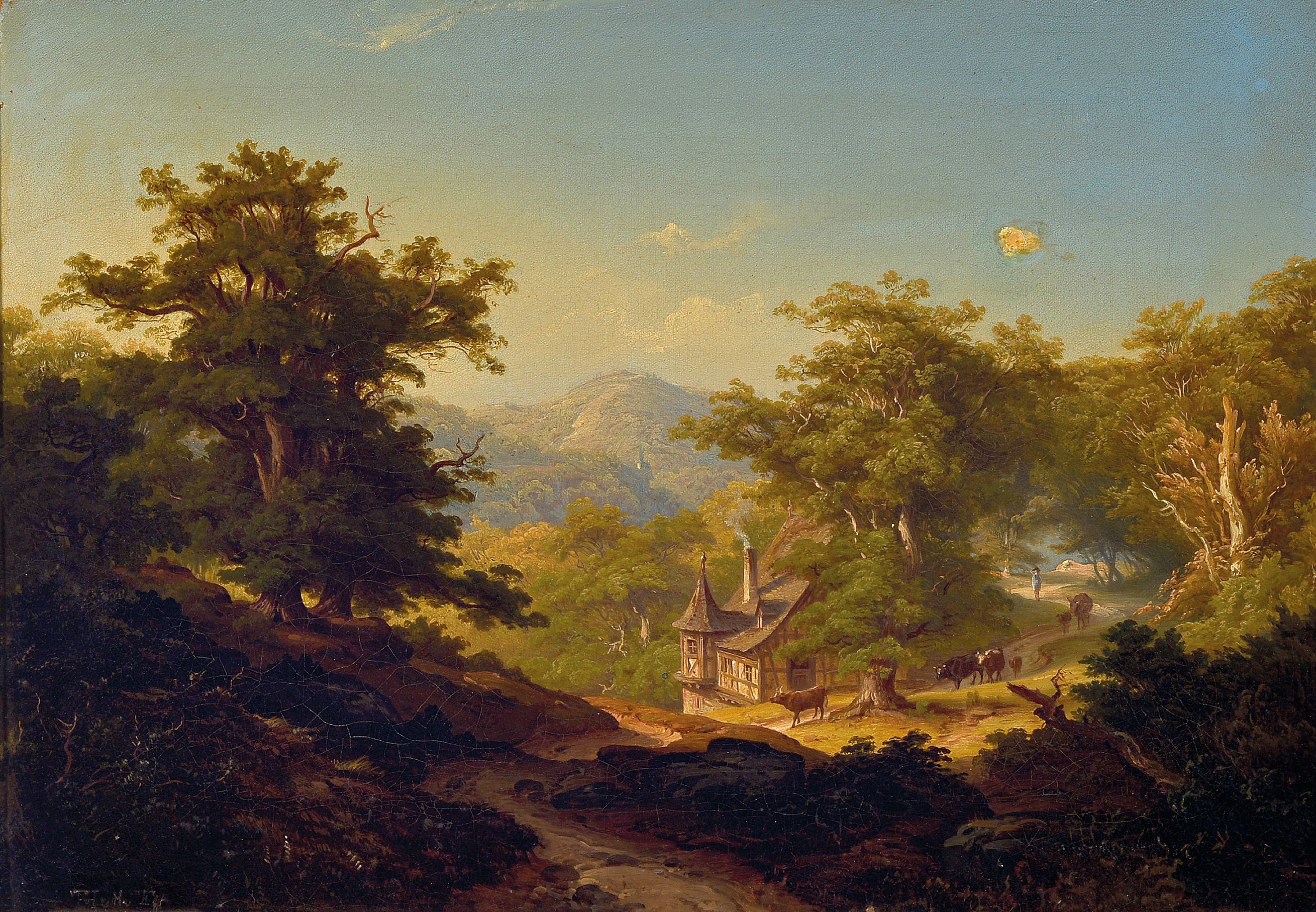 Image 27021622 - Theodor Huth, 1821-1886 Frankfurt am Main, Mittelgebirgslandschaft mit Kuhhirt, links ...