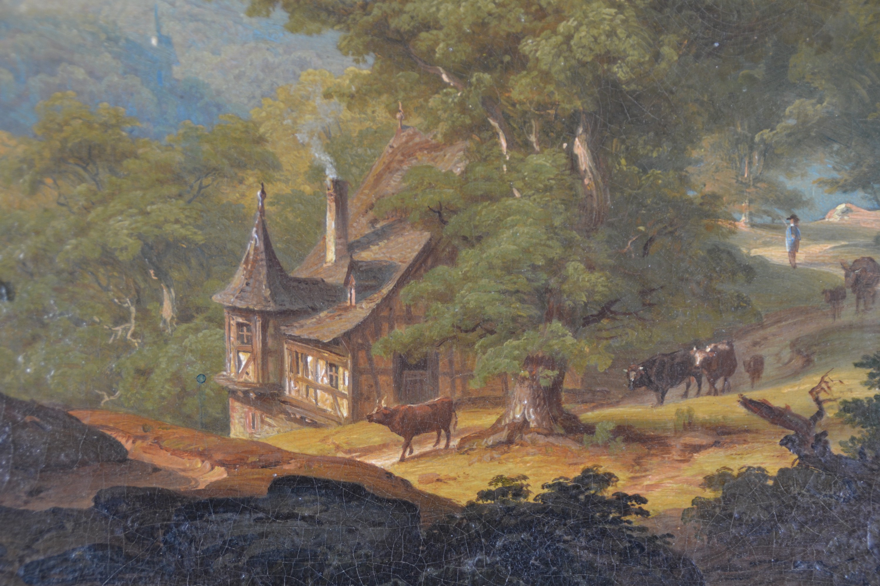 Detail a: Theodor Huth, 1821-1886 Frankfurt am Main, Mittelgebirgslandschaft mit Kuhhirt, links unten signiert THuth Ft., Öl/Lwd, rechts oben ...