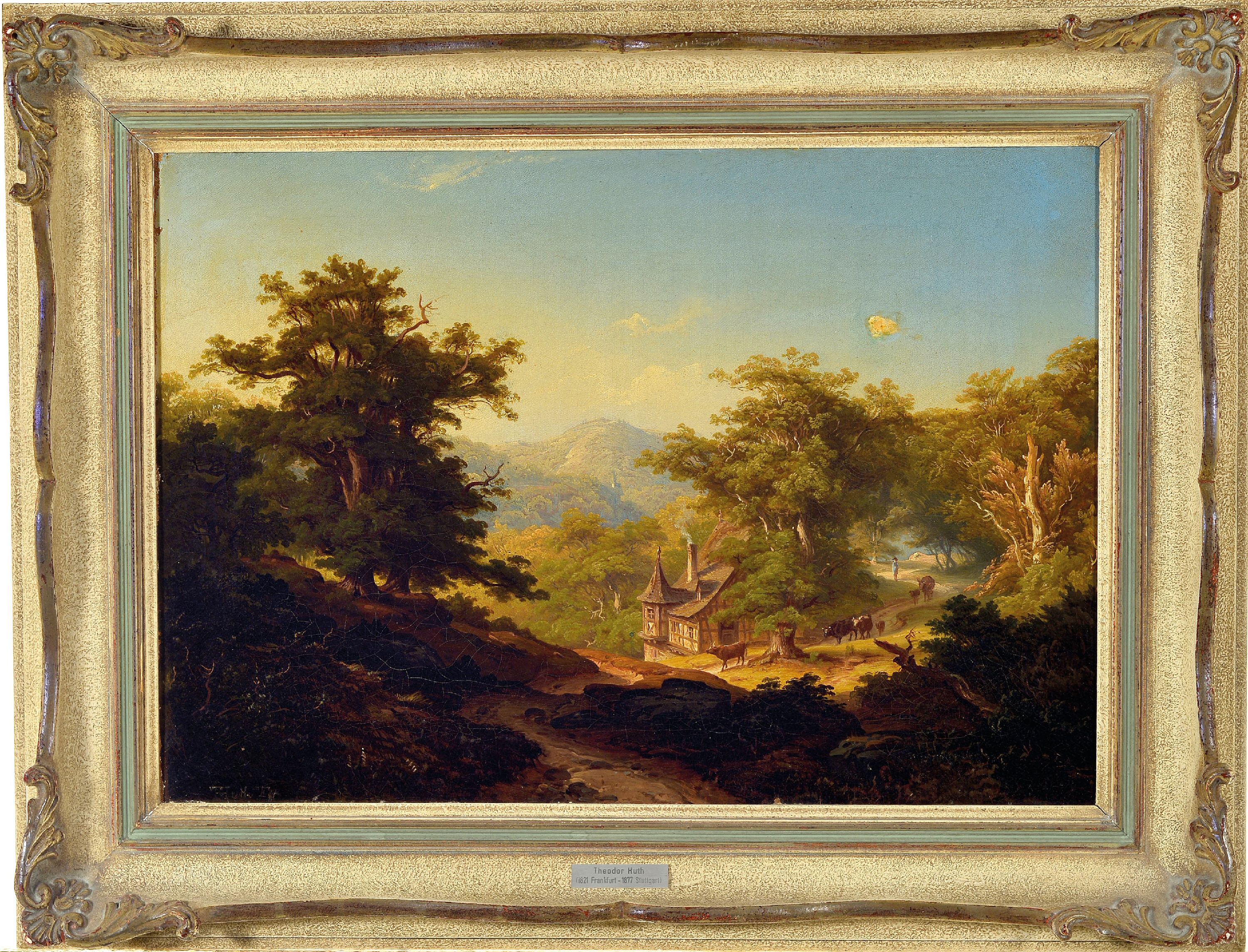 Detail k: Theodor Huth, 1821-1886 Frankfurt am Main, Mittelgebirgslandschaft mit Kuhhirt, links unten signiert THuth Ft., Öl/Lwd, rechts oben ...