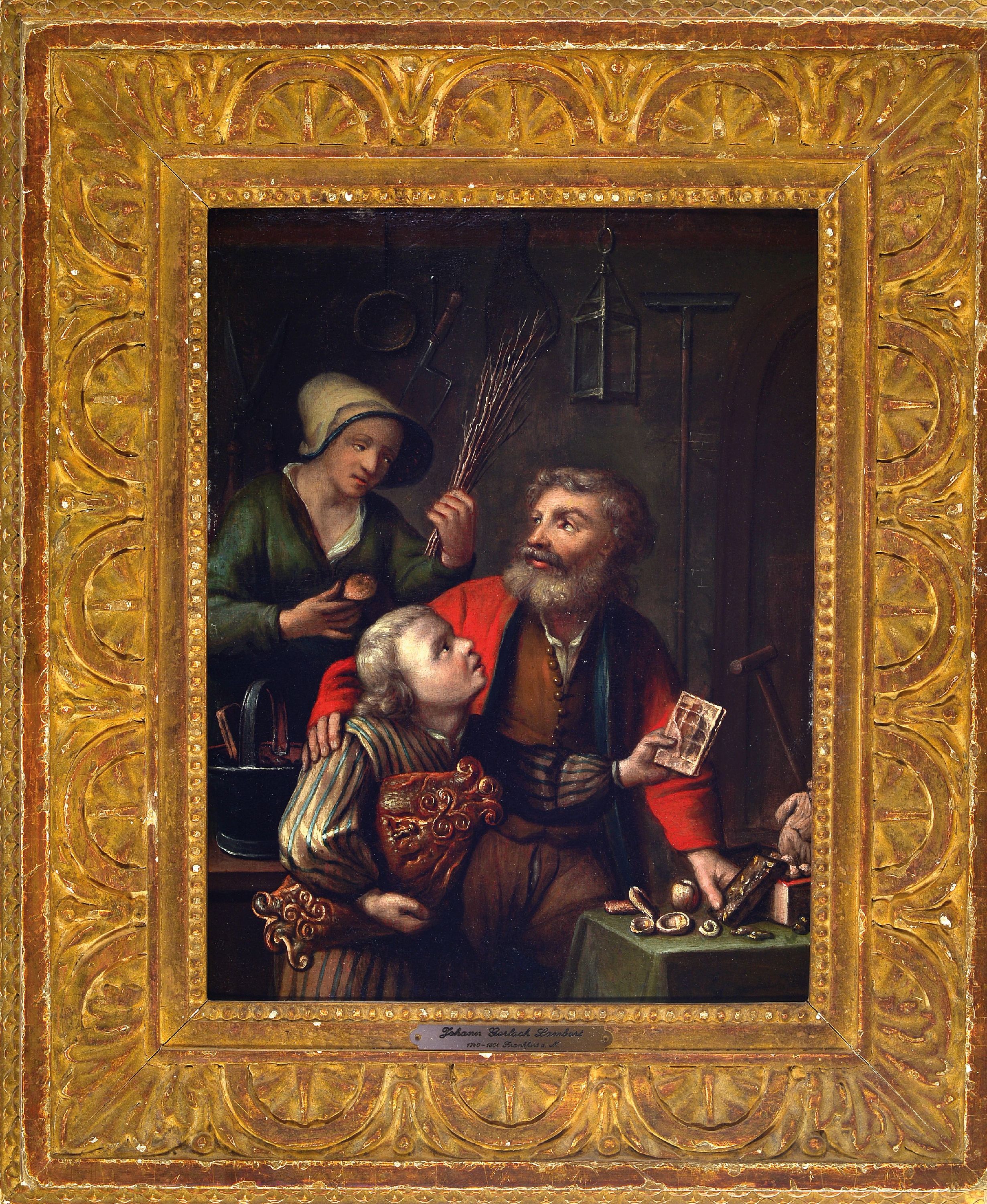Detail k: Zuschreibung: Johann Gerlach Lambert, 1740 -1804, Kücheninterieur, Vater und Sohn werden von der Mutter vom Gabentisch vertrieben, Öl/Holz, ...