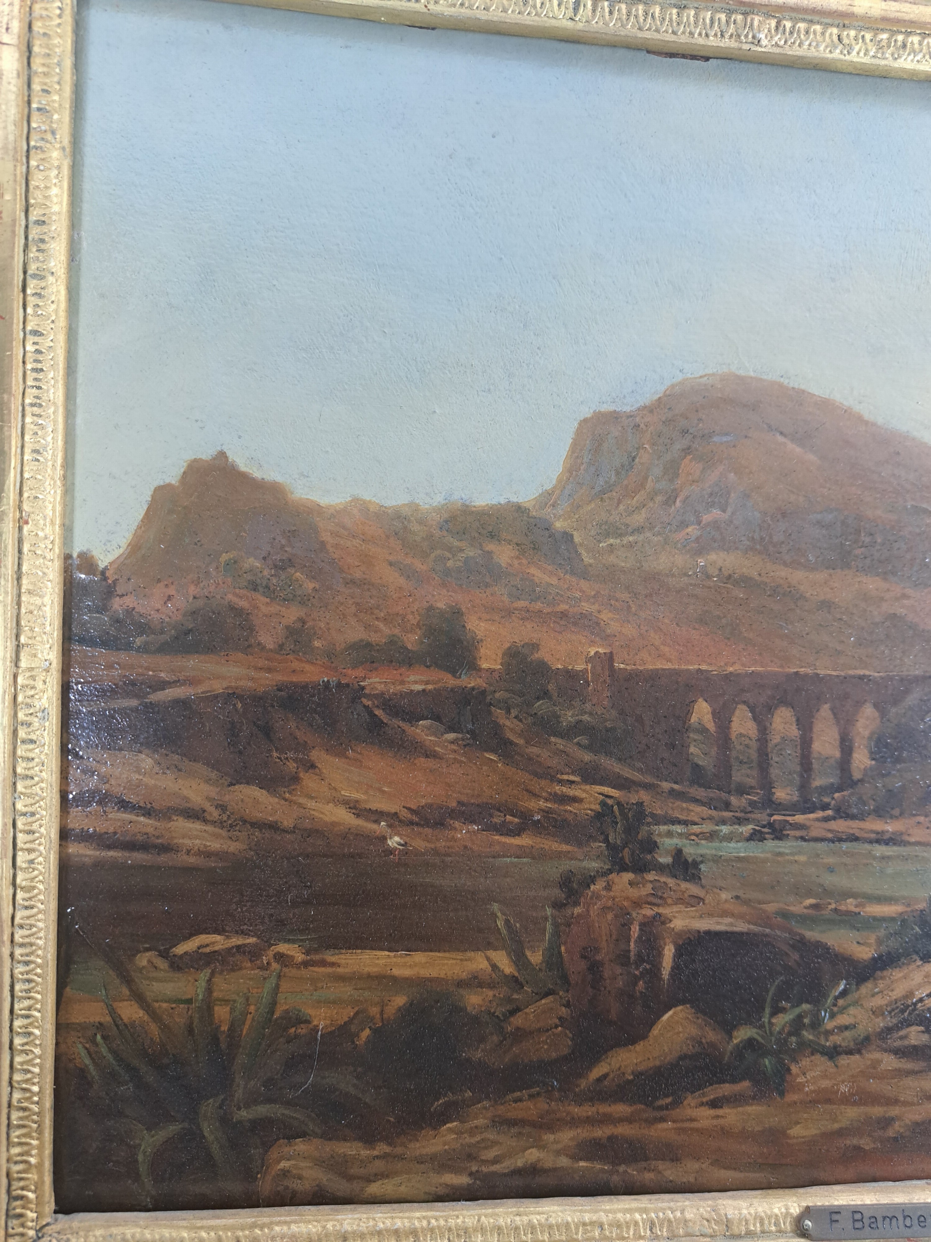 Detail b: Unbekannter Orientalist des fortgeschrittenen 19.Jh., Landschaft in Kleinasien, Blick auf ein Viadukt, mittelgründiger Teich mit Storch, gute ...