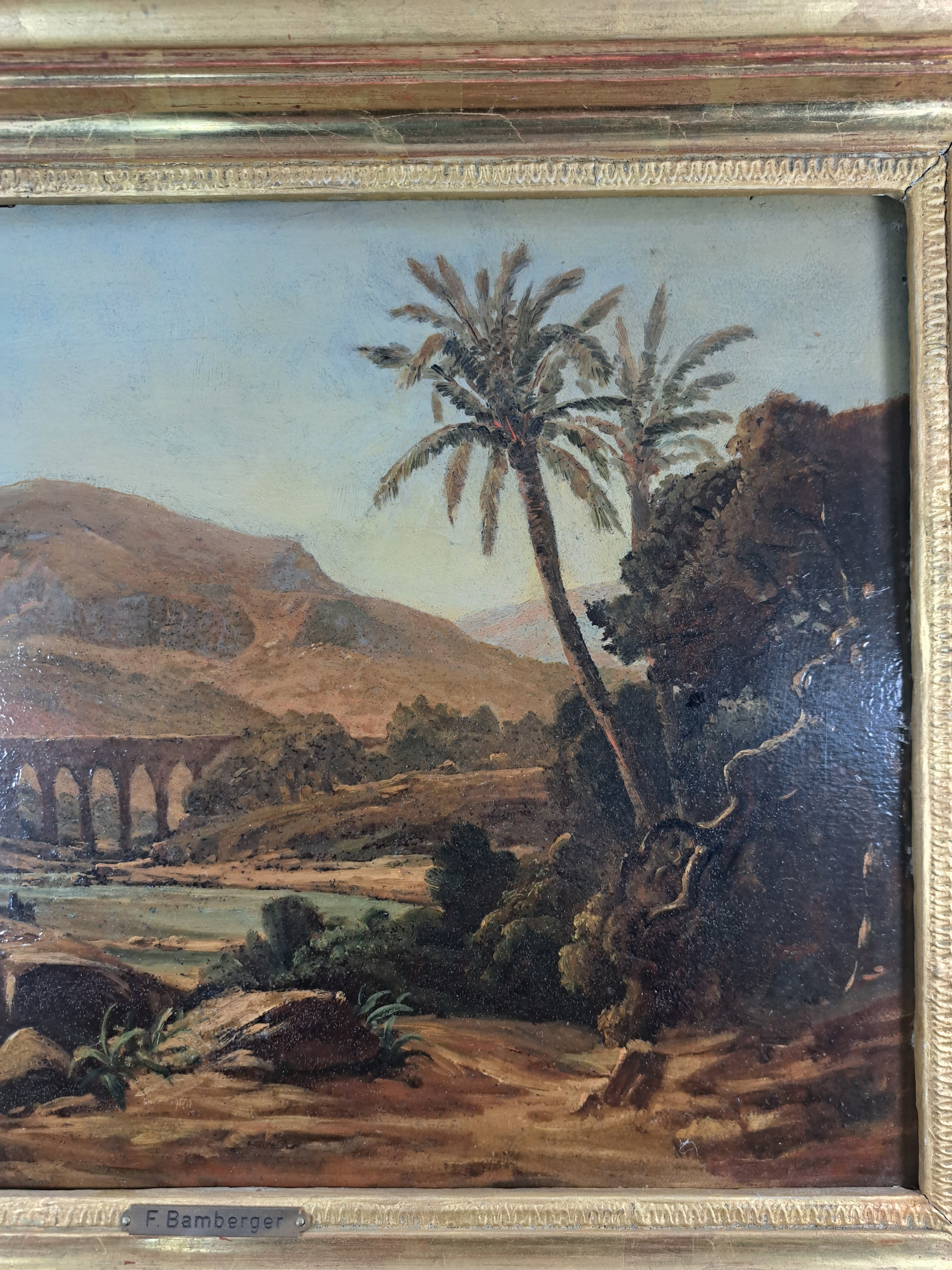Detail c: Unbekannter Orientalist des fortgeschrittenen 19.Jh., Landschaft in Kleinasien, Blick auf ein Viadukt, mittelgründiger Teich mit Storch, gute ...