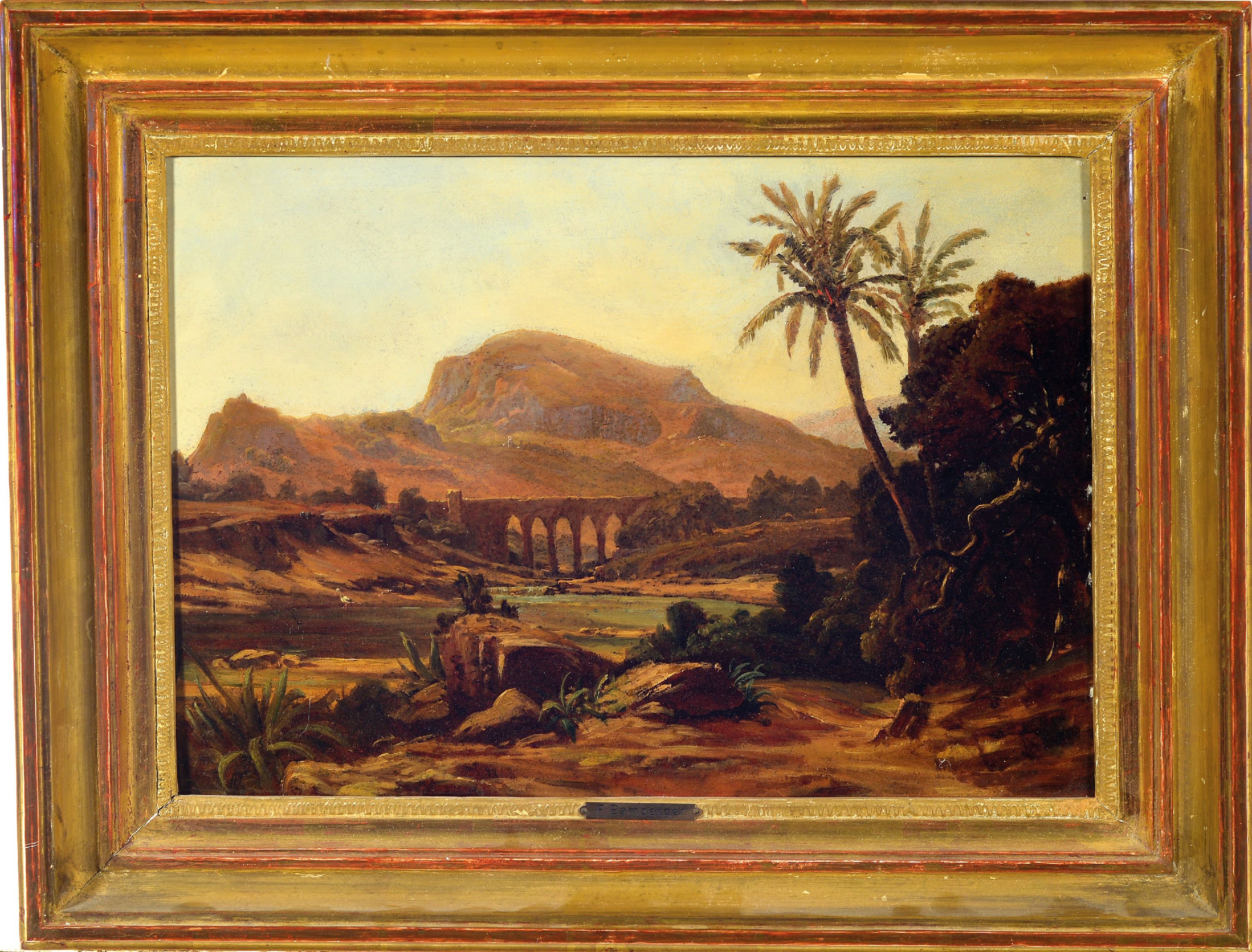 Detail k: Unbekannter Orientalist des fortgeschrittenen 19.Jh., Landschaft in Kleinasien, Blick auf ein Viadukt, mittelgründiger Teich mit Storch, gute ...