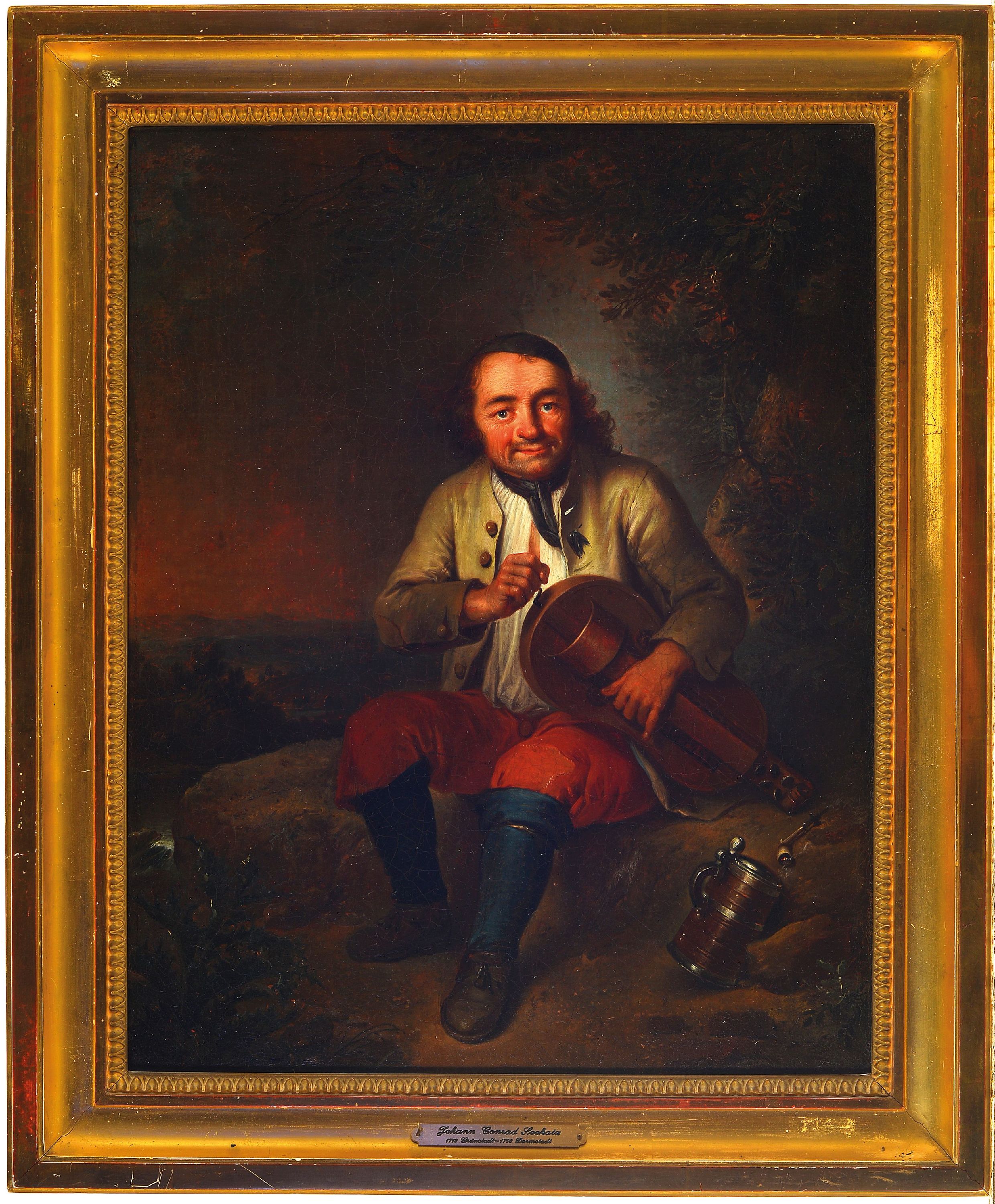 Detail k: Zuschreibung: Johann Conrad Seekatz, 1719-1768, in Landschaft sitzender Musikant mit Bauernleier, Öl/Lwd auf Lwd doubliert, restauriert bzw. ...