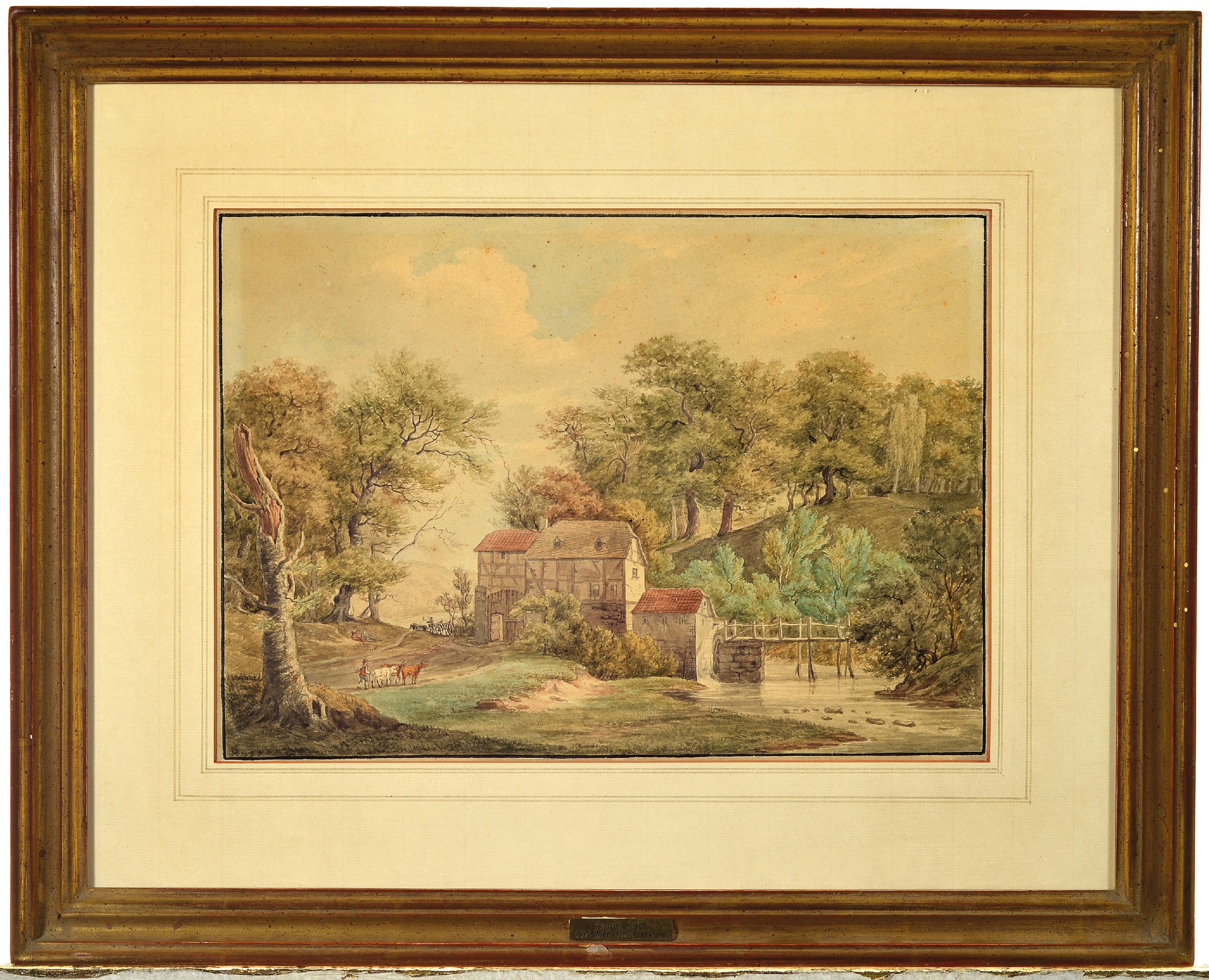 Detail k: Anton Radl, 1774 Wien-1852 Frankfurt a.M., Aquarell und Bleistift auf Papier, Landschaft mit Wassermühle, fleckig und lichtrandig, PP-Ausschnitt ...