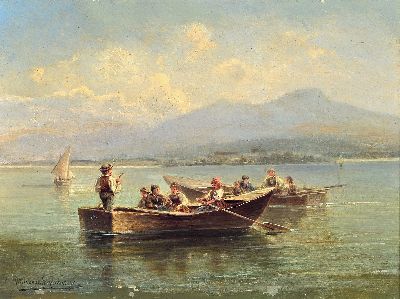 Image Alfred Karl Julius von Schönberger, 1845 Graz -um 1911, Alpsee mit Ausflüglern in zwei ...