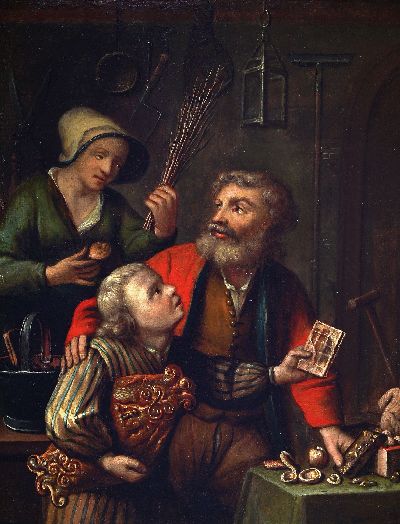 Image Zuschreibung: Johann Gerlach Lambert, 1740 -1804, Kücheninterieur, Vater und Sohn ...