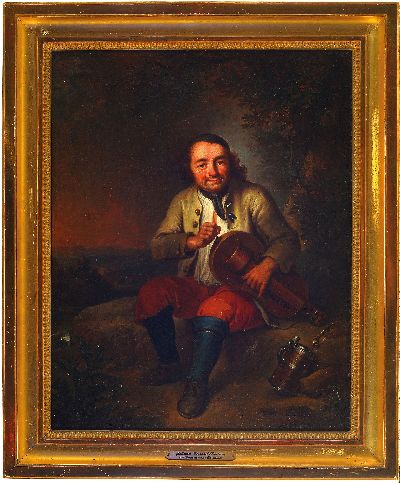 27021638k - Zuschreibung: Johann Conrad Seekatz, 1719-1768, in Landschaft sitzender Musikant mit ...