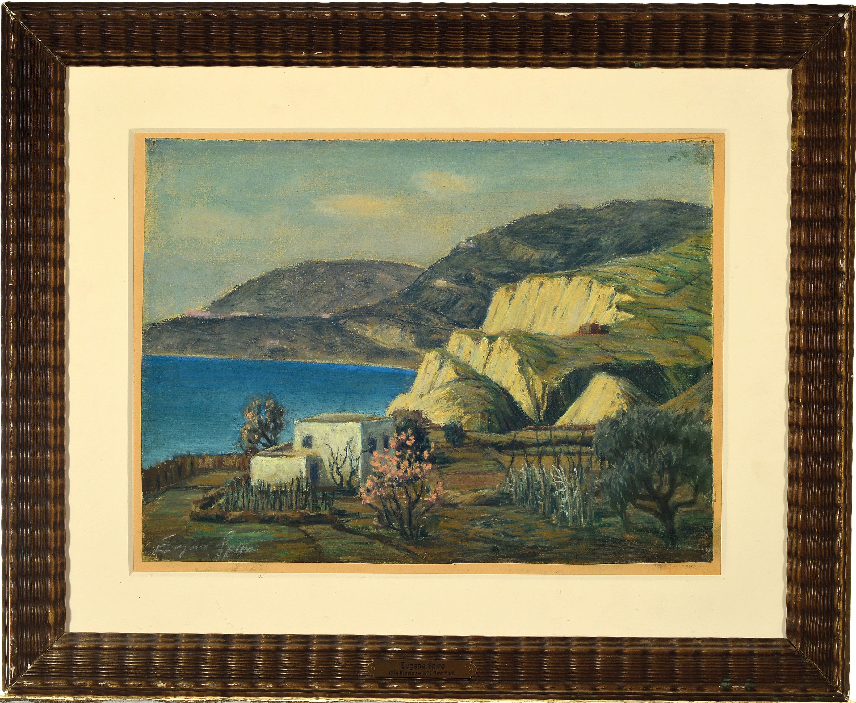 Detail k: Eugen Spiro, 1874 Breslau-1972 New York, Pastellkreide auf Papier auf Karton befestigt, Mediterrane Küstenlandschaft, links unten signiert, Blatt ...