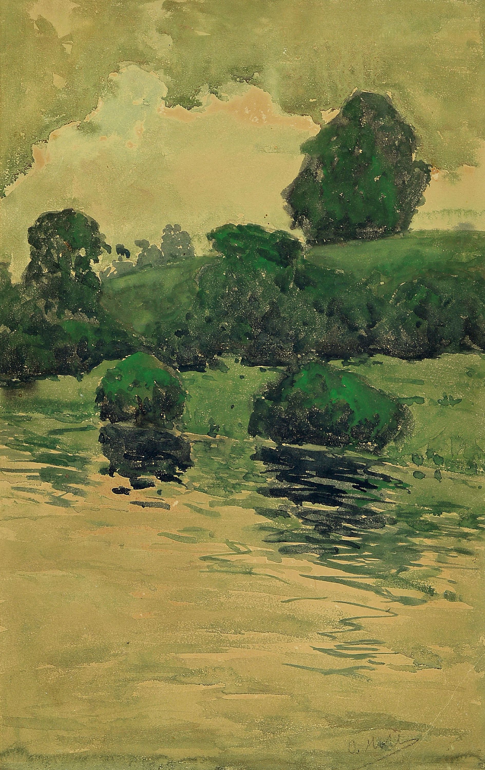 Image 27022024 - Oskar Moll, 1875 Brieg-1947 Berlin, Aquarell, Uferlandschaft unter bedecktem Himmel, ...