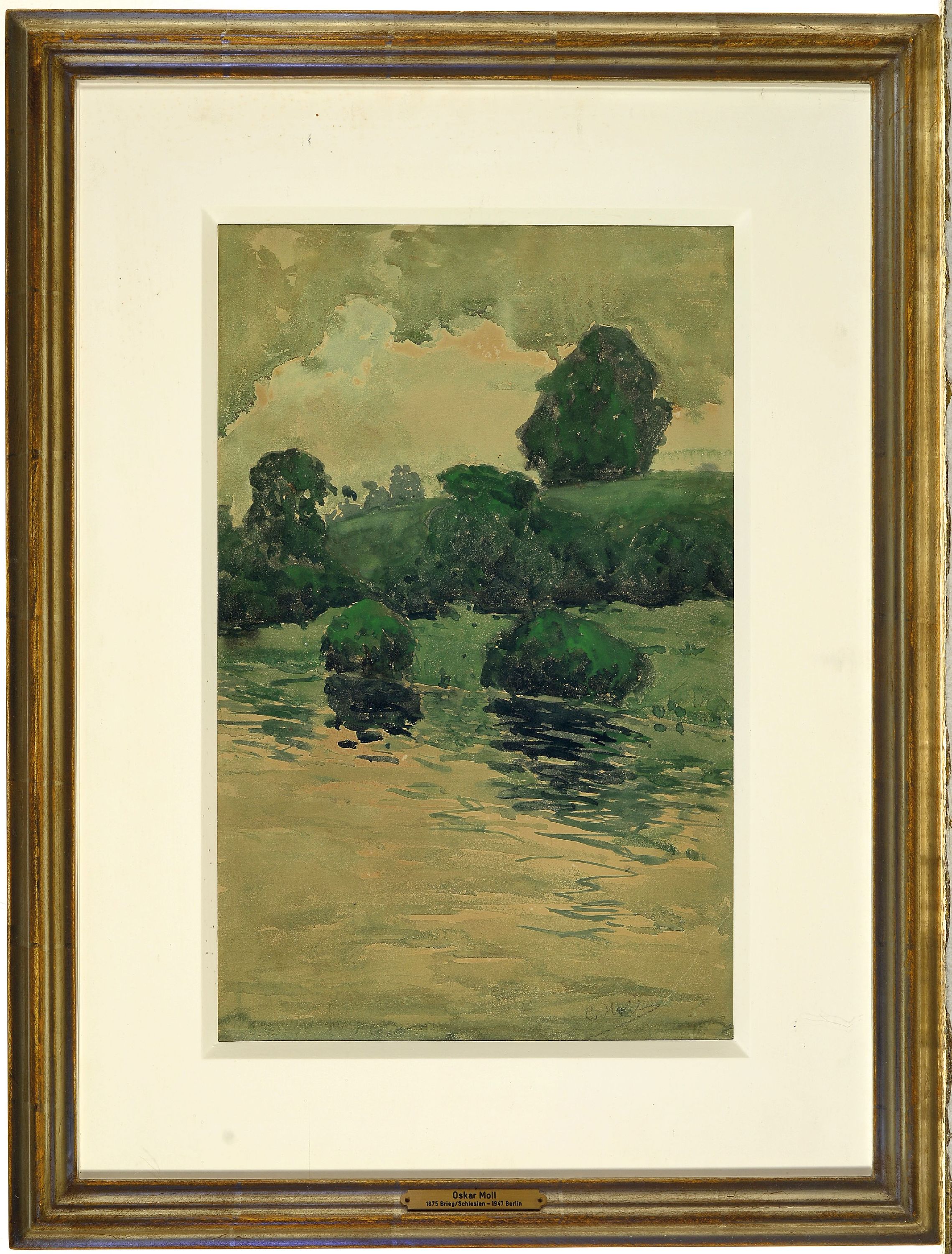 Detail k: Oskar Moll, 1875 Brieg-1947 Berlin, Aquarell, Uferlandschaft unter bedecktem Himmel, rechts unten signiert O.Moll, 45x29 cm, unter Glas gerahmt 65x50 ...