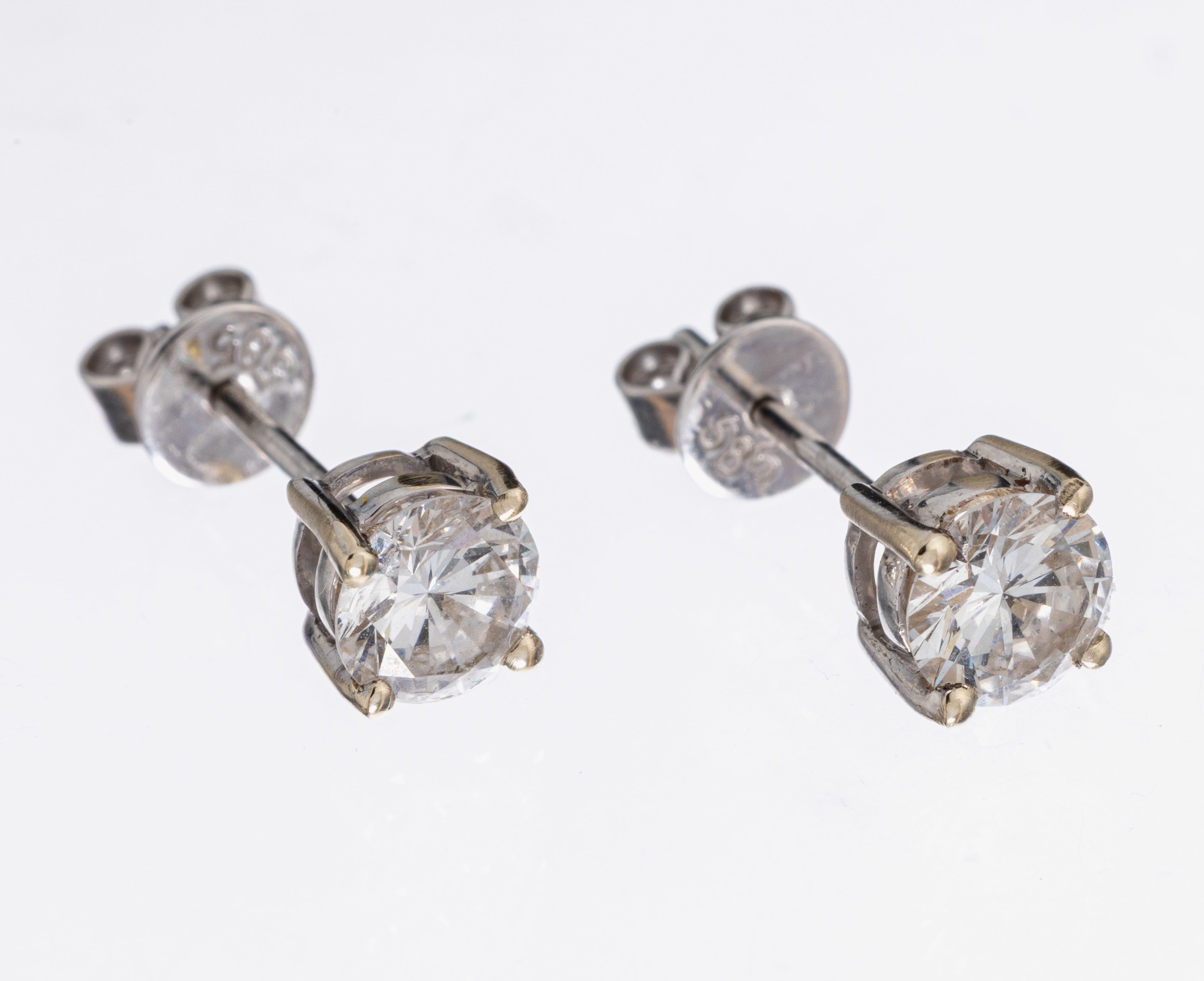 Paar 14 kt Gold Brillant-Ohrstecker, WG 585/000, 2 Brillanten zus. ca. 0.86 ct Weiß/vs-si