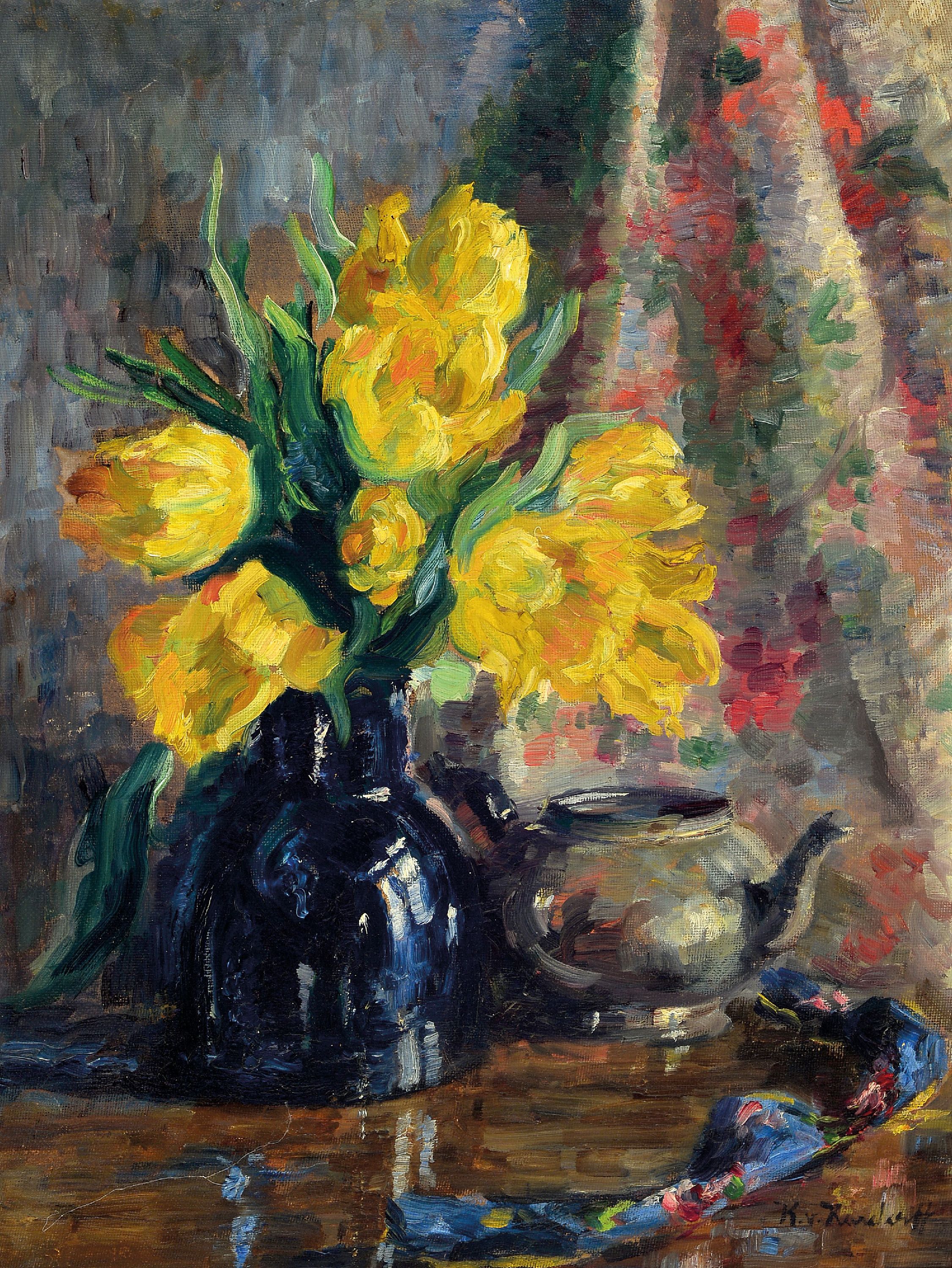 Image 27022049 - Konrad von Kardoff, 1877-1945 Rostock, Blumenstillleben mit gelben Tulpen, rechts unten ...