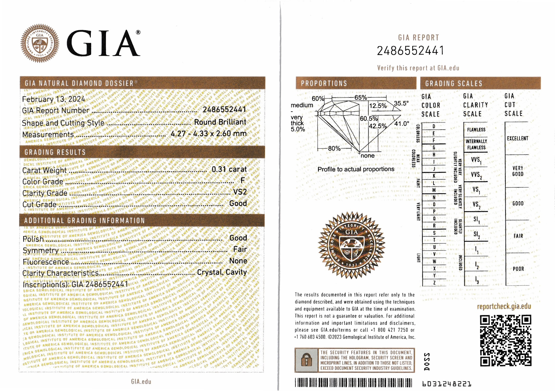 Detail b: Paar 14 kt Gold Brillant-Ohrstecker, GG 585/000, 1 Brillant 0.31 feines Weiß+(F)/vs, 1Brillant 0.28 ct hochfeines Weiß(E)/vs1, GIA bzw. ...