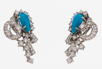 Image Paar 18 kt Gold Türkis-Diamant-Ohrstecker, WG 750/000, 2 tropfenf. Türkis-Cabochons, ...