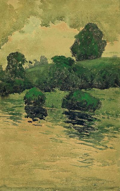 Image Oskar Moll, 1875 Brieg-1947 Berlin, Aquarell, Uferlandschaft unter bedecktem Himmel, ...