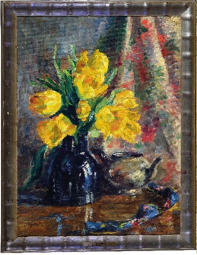 27022049k - Konrad von Kardoff, 1877-1945 Rostock, Blumenstillleben mit gelben Tulpen, rechts unten ...