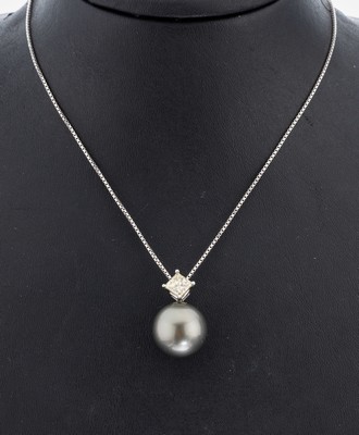 Image 18 kt Gold Perl-Diamant-Anhänger, WG 750/000, graue Tahitizuchtperle, D. ca. 15.5 mm, ...