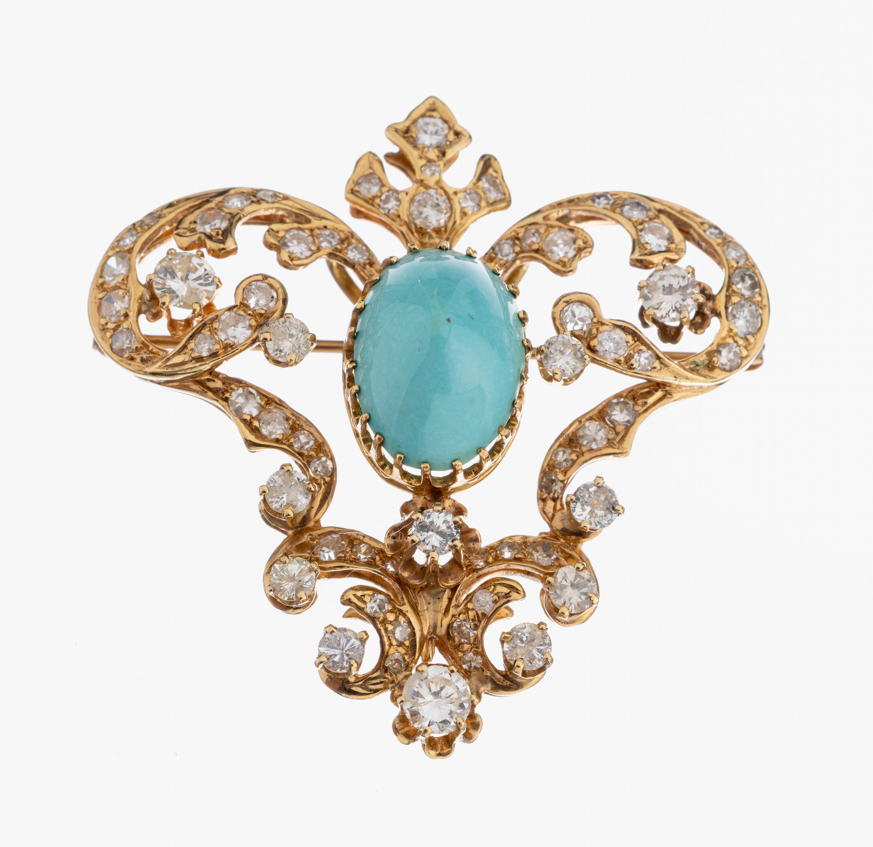 14 kt Gold Türkis-Diamant-Brosche, GG 585/000, schwere Ausführung, auch als Anhängertragbar, ovaler hoher Türkiscabochon, Brillanten und ...