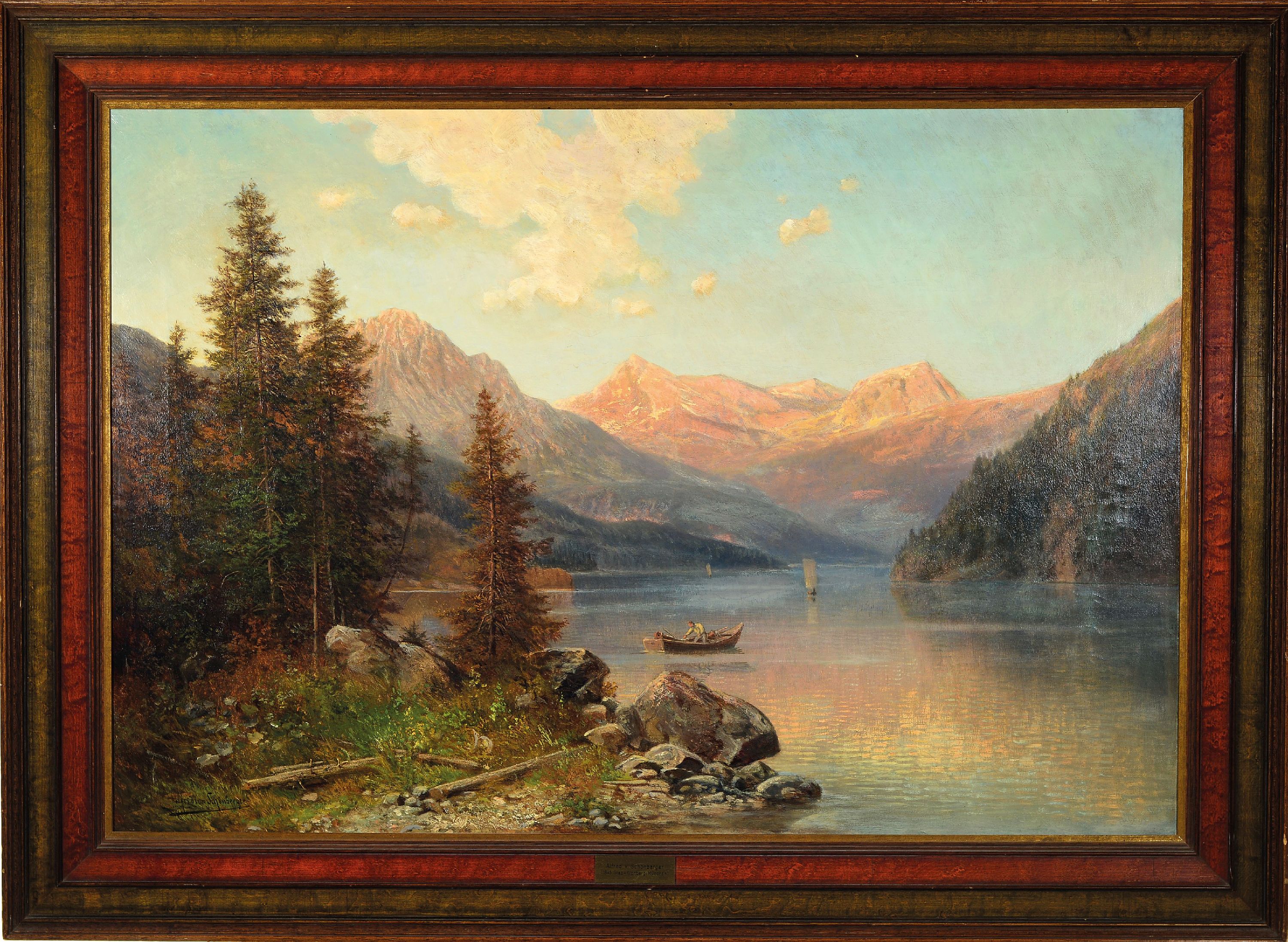 Detail k: Alfred Karl Julius von Schönberger, 1845 Graz- um 1911, Ansicht wohl Königssee, links unten signiert, Öl/Lwd, laut rest., 66x95 cm, Rahmen 83x112 ...