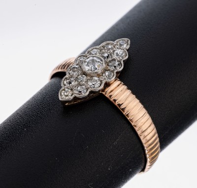 Image 14 kt Gold Diamant-Ring, um 1890, RG 585/000 und Platin, Altschliffdiamanten zus. ca. ...