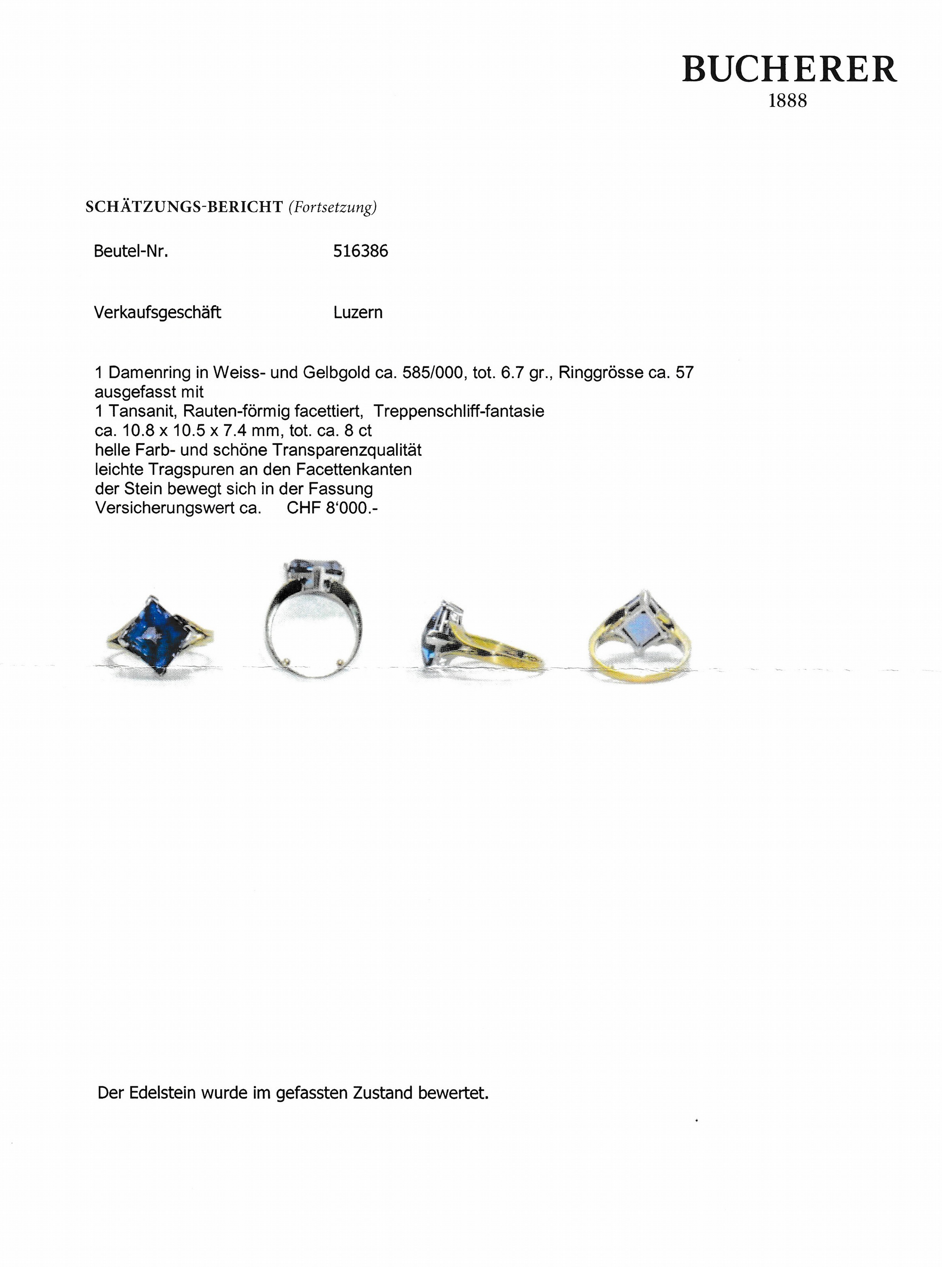 Detail b: 14 kt Gold Tansanit-Ring, GG/WG 585/000, rautenf. Tansanit von guter Farbe ca. 8.0 ct, schöne Transparenz, RW 55, ca. 6.4 g, Handarbeit, Gutachten ...