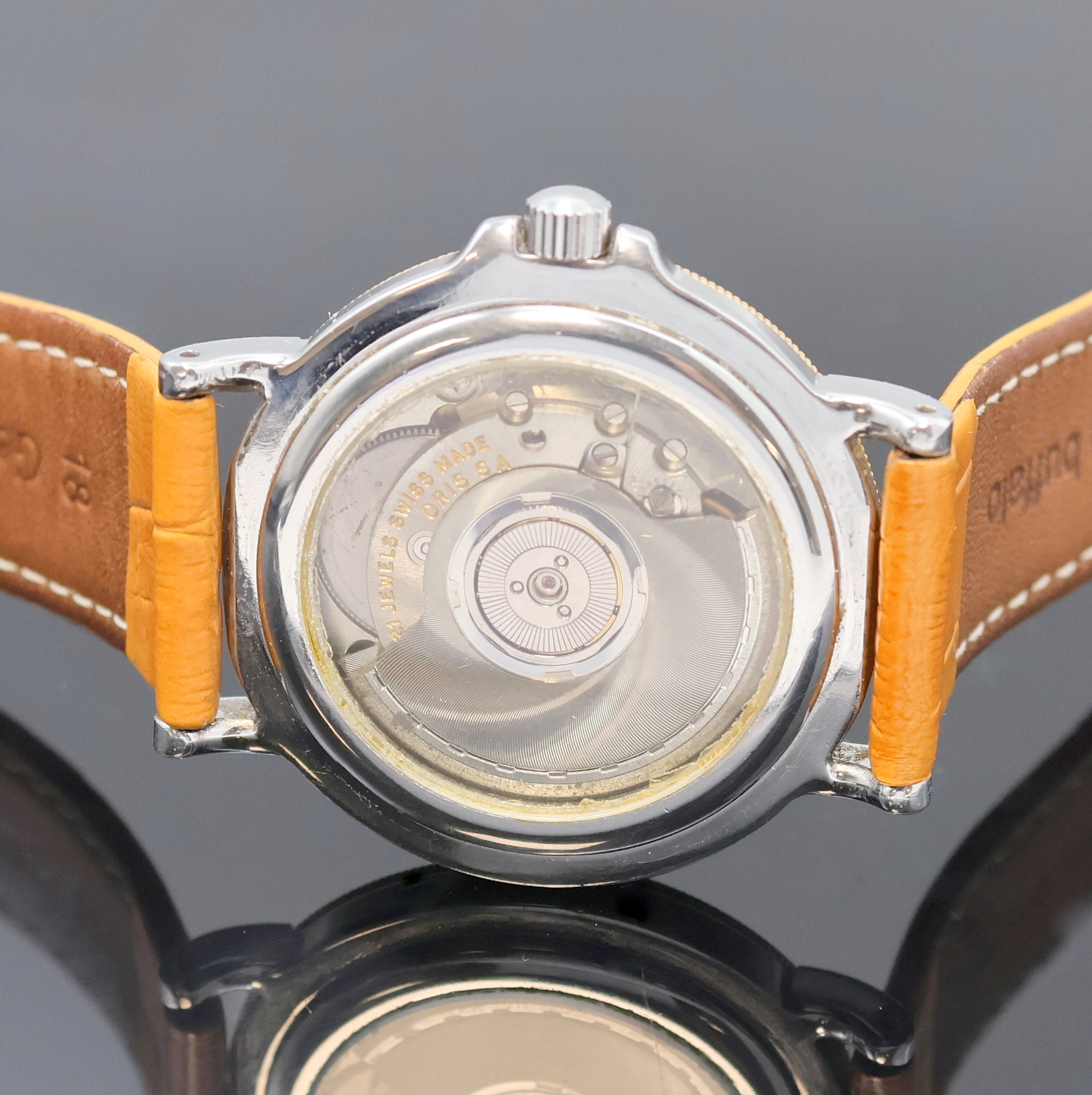 Detail e: ORIS Armbanduhr in Edelstahl/Gold, Schweiz um 1990, Automatik, beids. vergl. Geh., Boden aufgedr., neutr. Lederband m. orig. Dornschl., cremefarb. ...