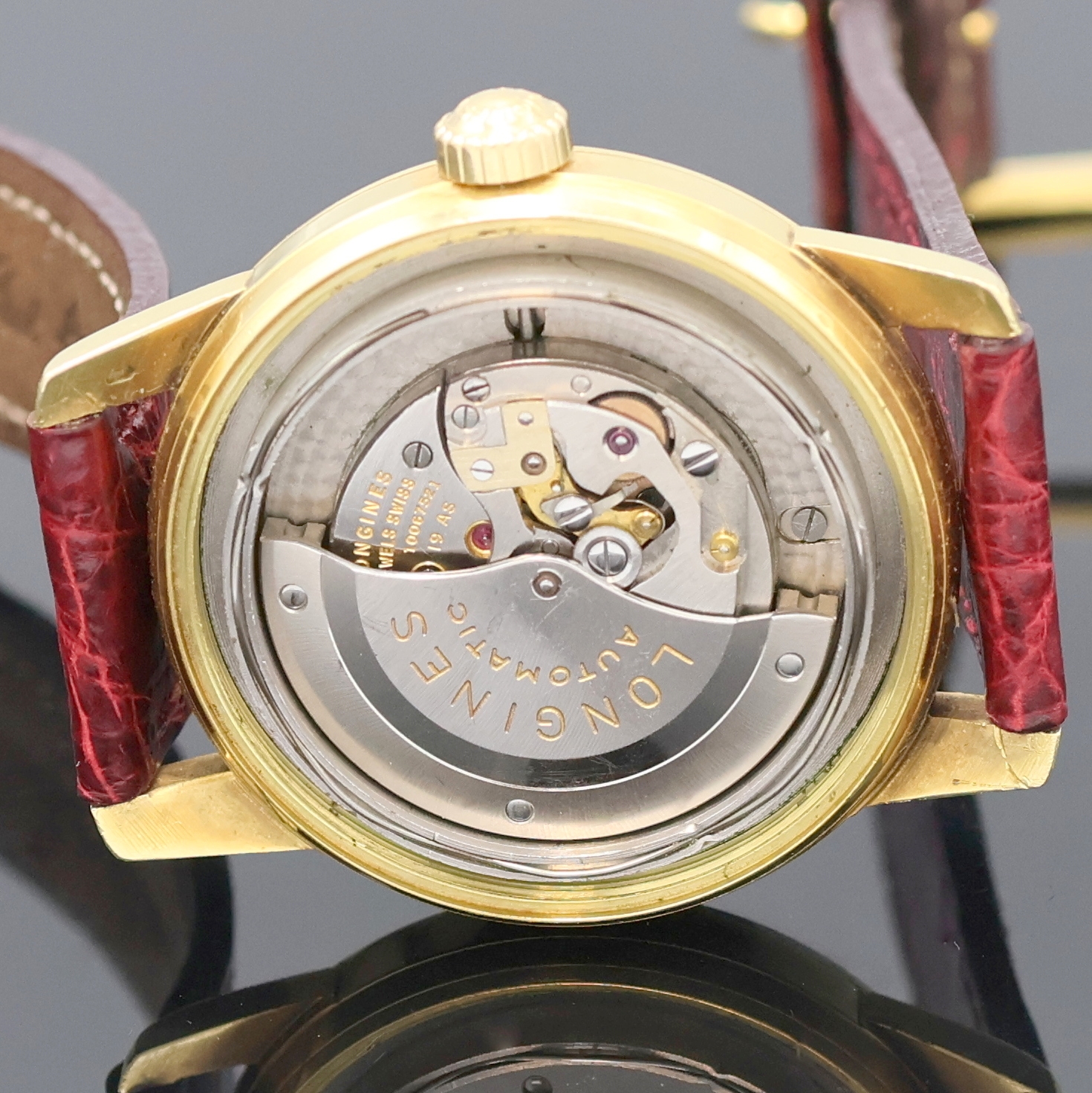 Detail f: LONGINES Conquest Armbanduhr in GG 750/000 Referenz 9001, Schweiz um 1958, Automatik, Boden m. Emailplakette verschr., orig. Krone, silb. Zifferbl. ...