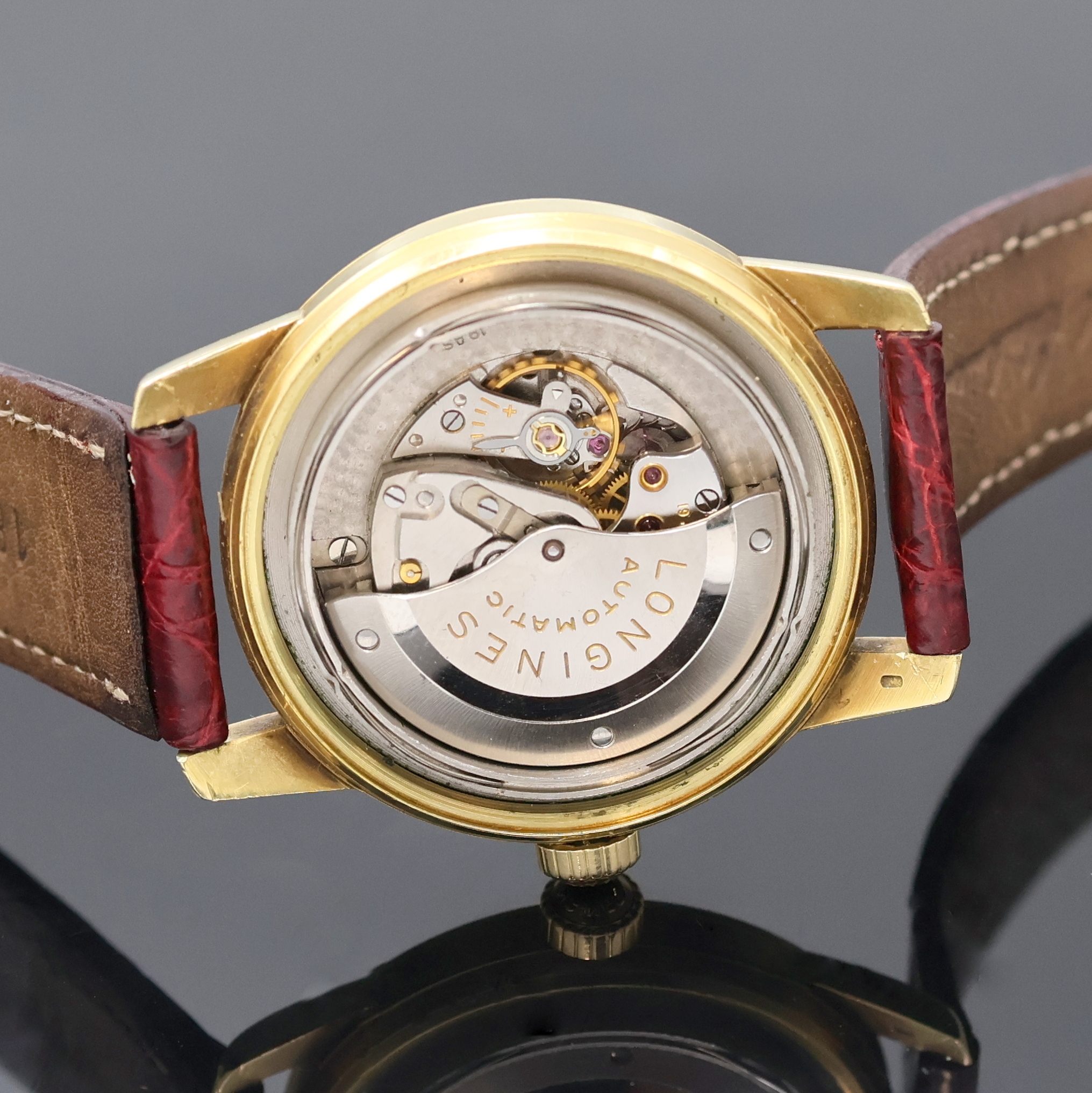 Detail g: LONGINES Conquest Armbanduhr in GG 750/000 Referenz 9001, Schweiz um 1958, Automatik, Boden m. Emailplakette verschr., orig. Krone, silb. Zifferbl. ...