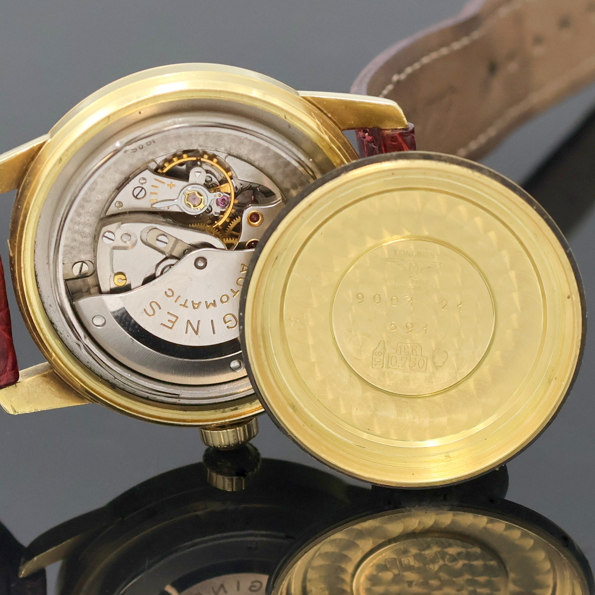 Detail h: LONGINES Conquest Armbanduhr in GG 750/000 Referenz 9001, Schweiz um 1958, Automatik, Boden m. Emailplakette verschr., orig. Krone, silb. Zifferbl. ...