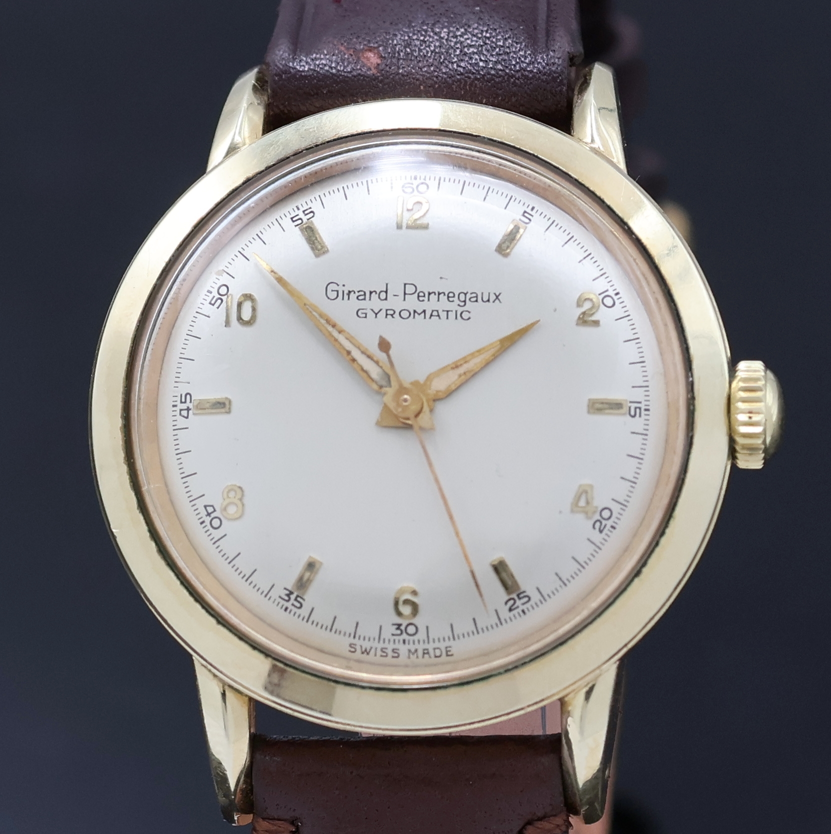 Detail a: GIRARD PERREGAUX Herrenarmbanduhr Gyromatic Referenz 6161, Schweiz 1950er Jahre, Automatik, verg. Metallgeh., Edelstahlboden verschr., silb. ...