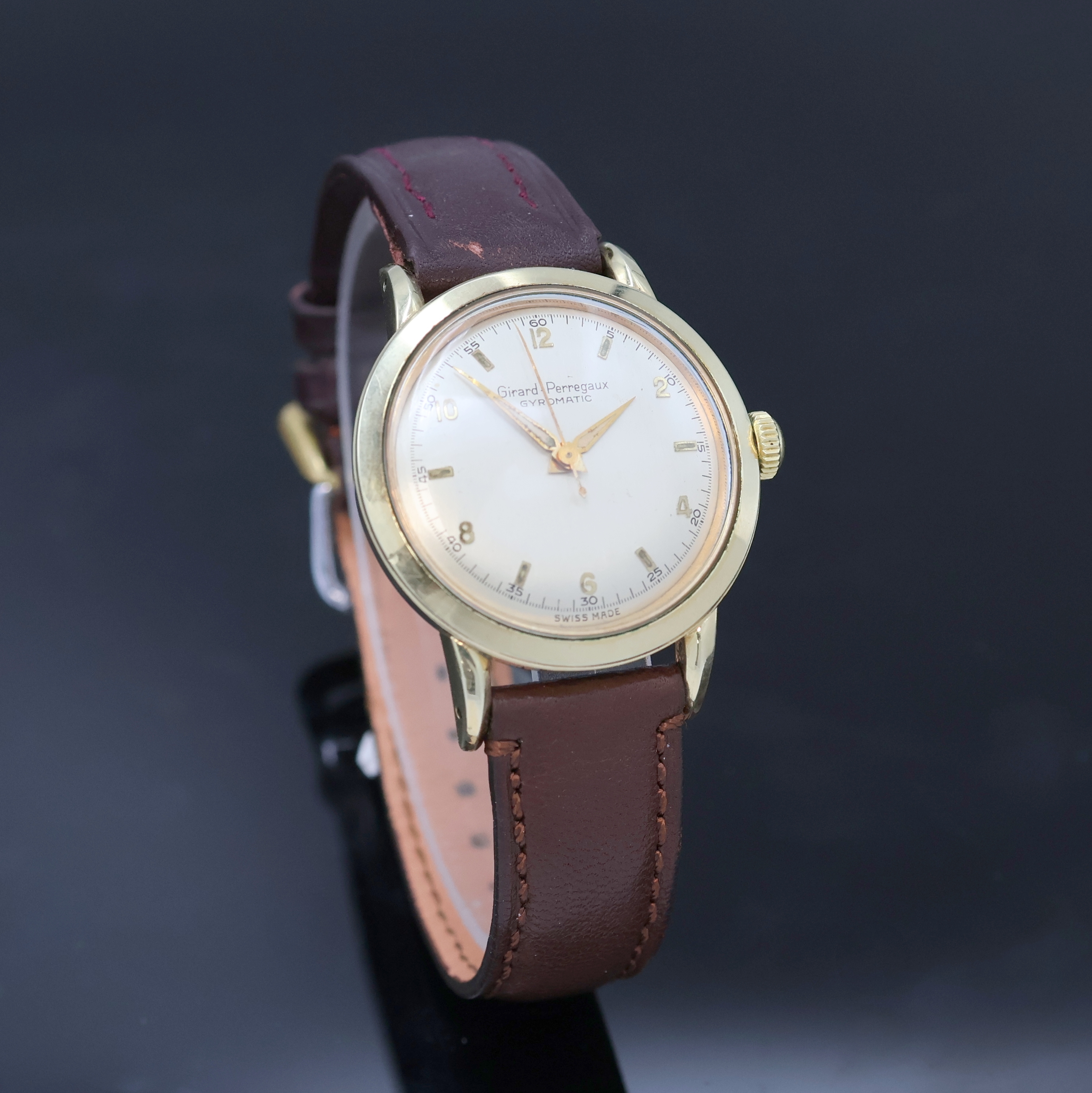 Detail b: GIRARD PERREGAUX Herrenarmbanduhr Gyromatic Referenz 6161, Schweiz 1950er Jahre, Automatik, verg. Metallgeh., Edelstahlboden verschr., silb. ...