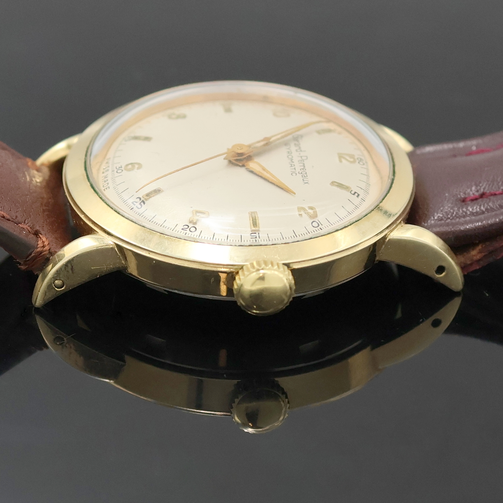 Detail c: GIRARD PERREGAUX Herrenarmbanduhr Gyromatic Referenz 6161, Schweiz 1950er Jahre, Automatik, verg. Metallgeh., Edelstahlboden verschr., silb. ...