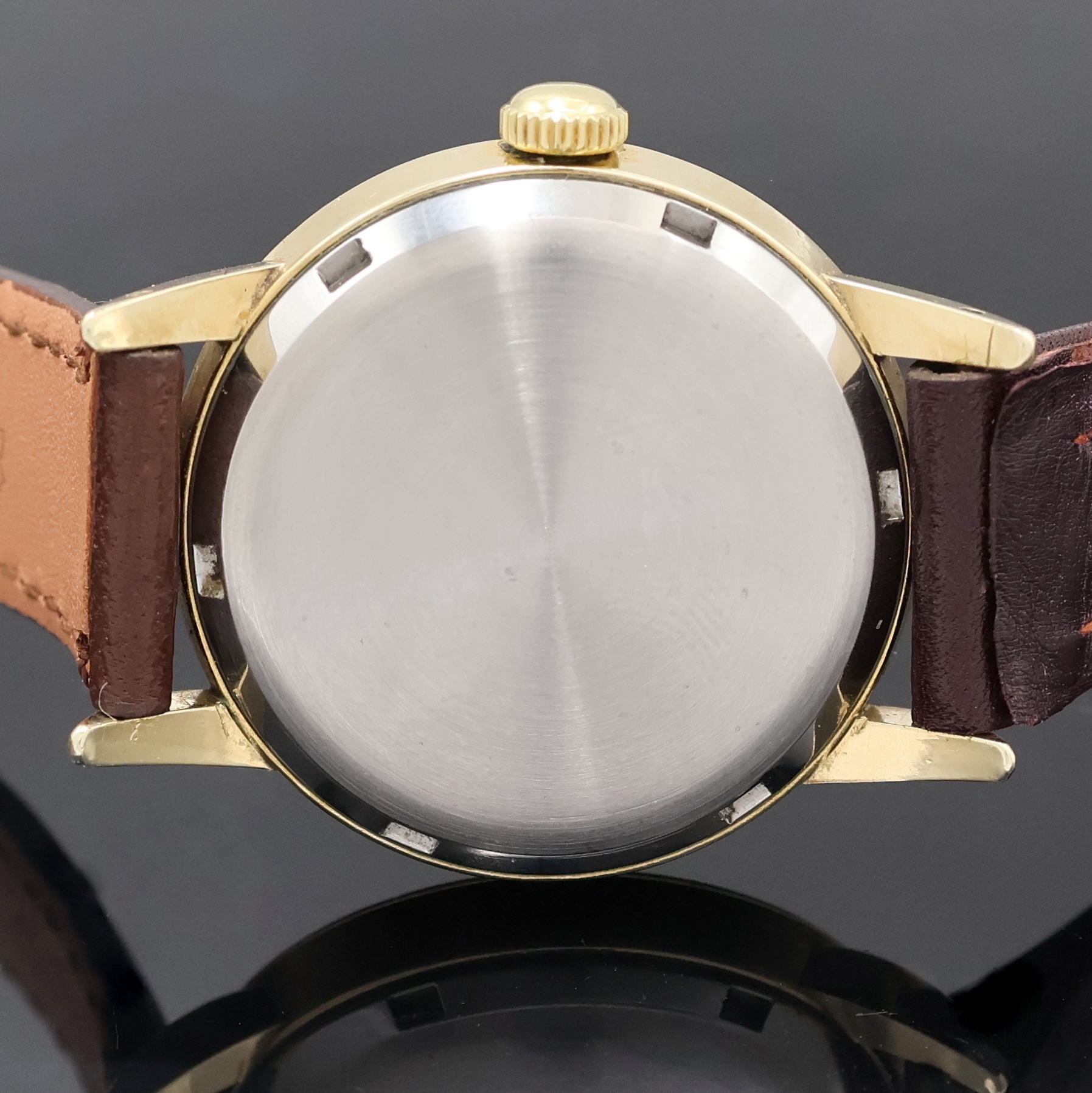 Detail d: GIRARD PERREGAUX Herrenarmbanduhr Gyromatic Referenz 6161, Schweiz 1950er Jahre, Automatik, verg. Metallgeh., Edelstahlboden verschr., silb. ...